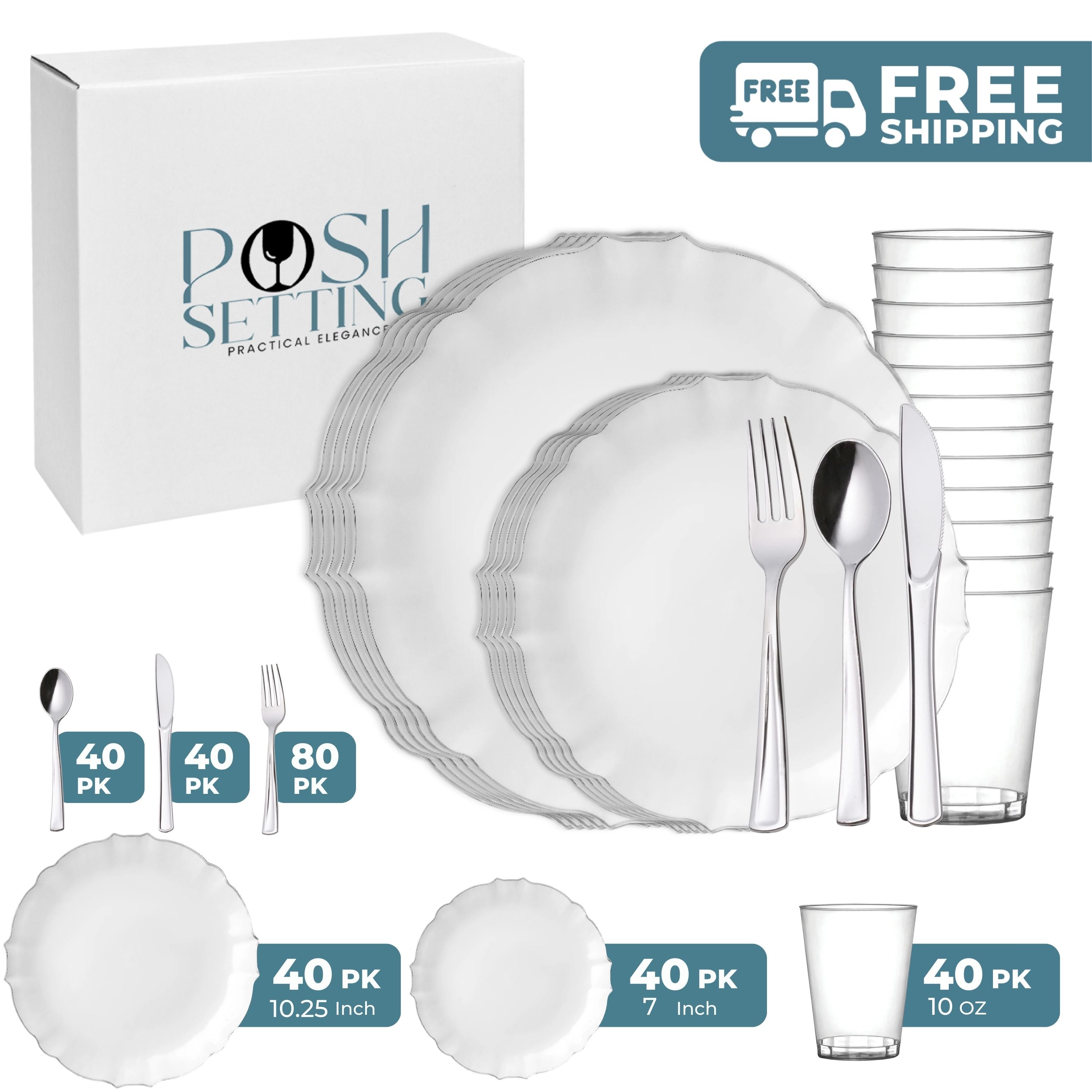 Luxury White and Silver Plastic Party Bundle - Elegant Disposable Tableware Set for Weddings, Birthdays & Special Events