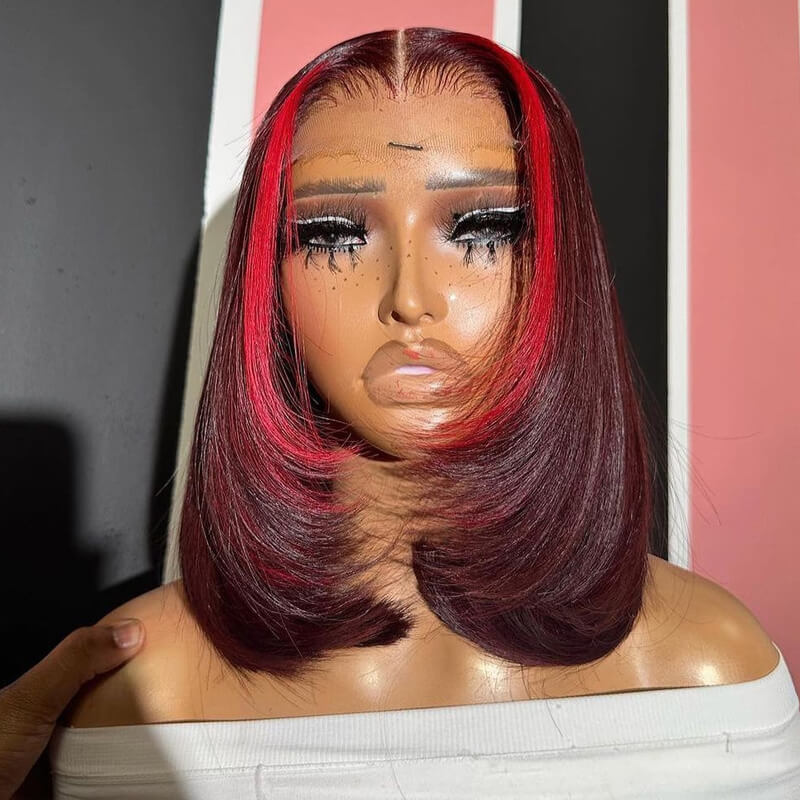 Eullair Wine Red Highlight Straight Skunk Stripe Human Hair Bob Wig - Short Layered Cut, Pre Plucked, Glueless, for Women | Perfect for Cosplay, Parties, and Daily Wear