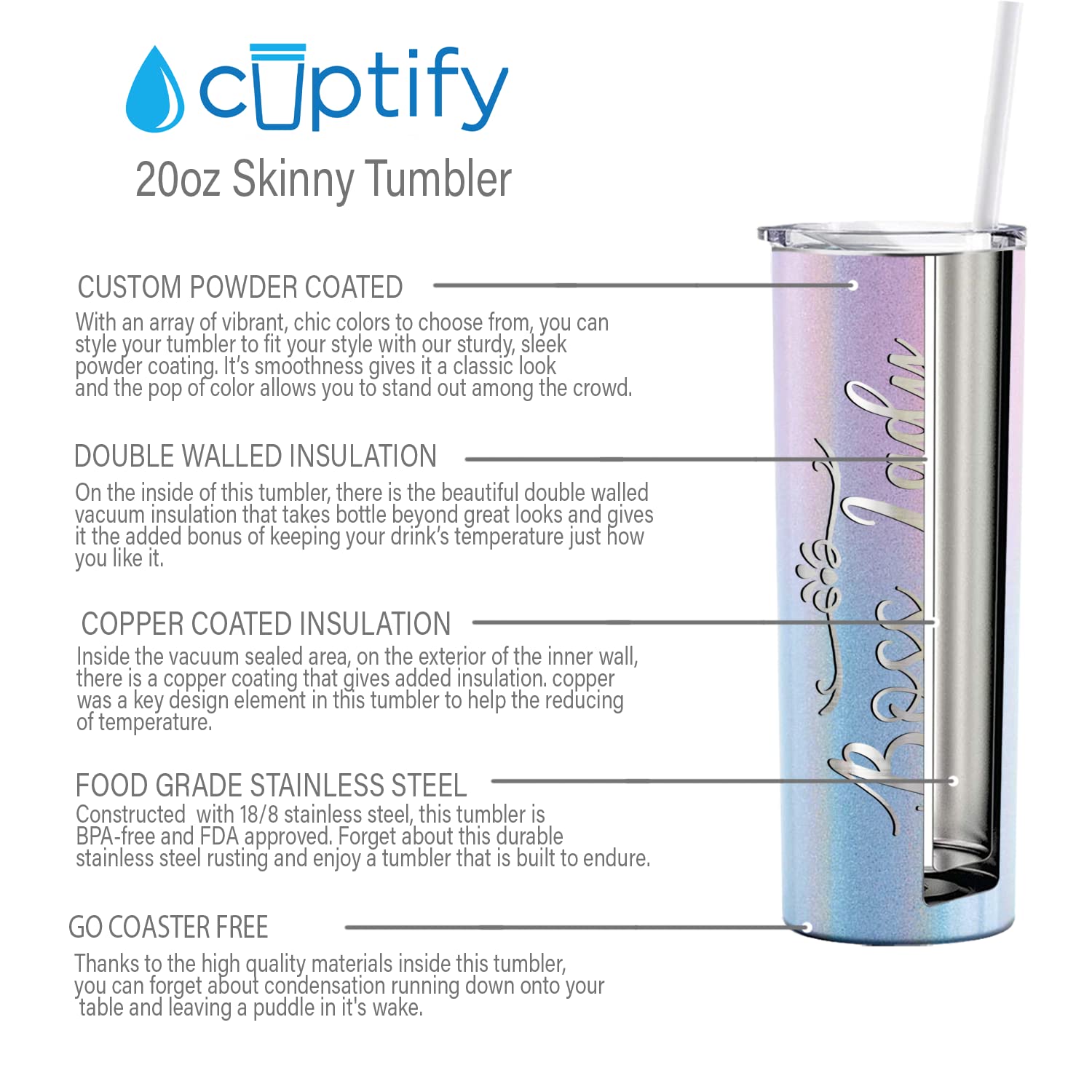 20 oz Insulated Stainless Steel Skinny Tumbler with Lid & Straw - Laser Engraved Boss Lady Design on Cotton Candy Glitter - Perfect Birthday Gift for Women, Office Boss Gifts | Great for Coffee, Iced Drinks & Workplace Hydration