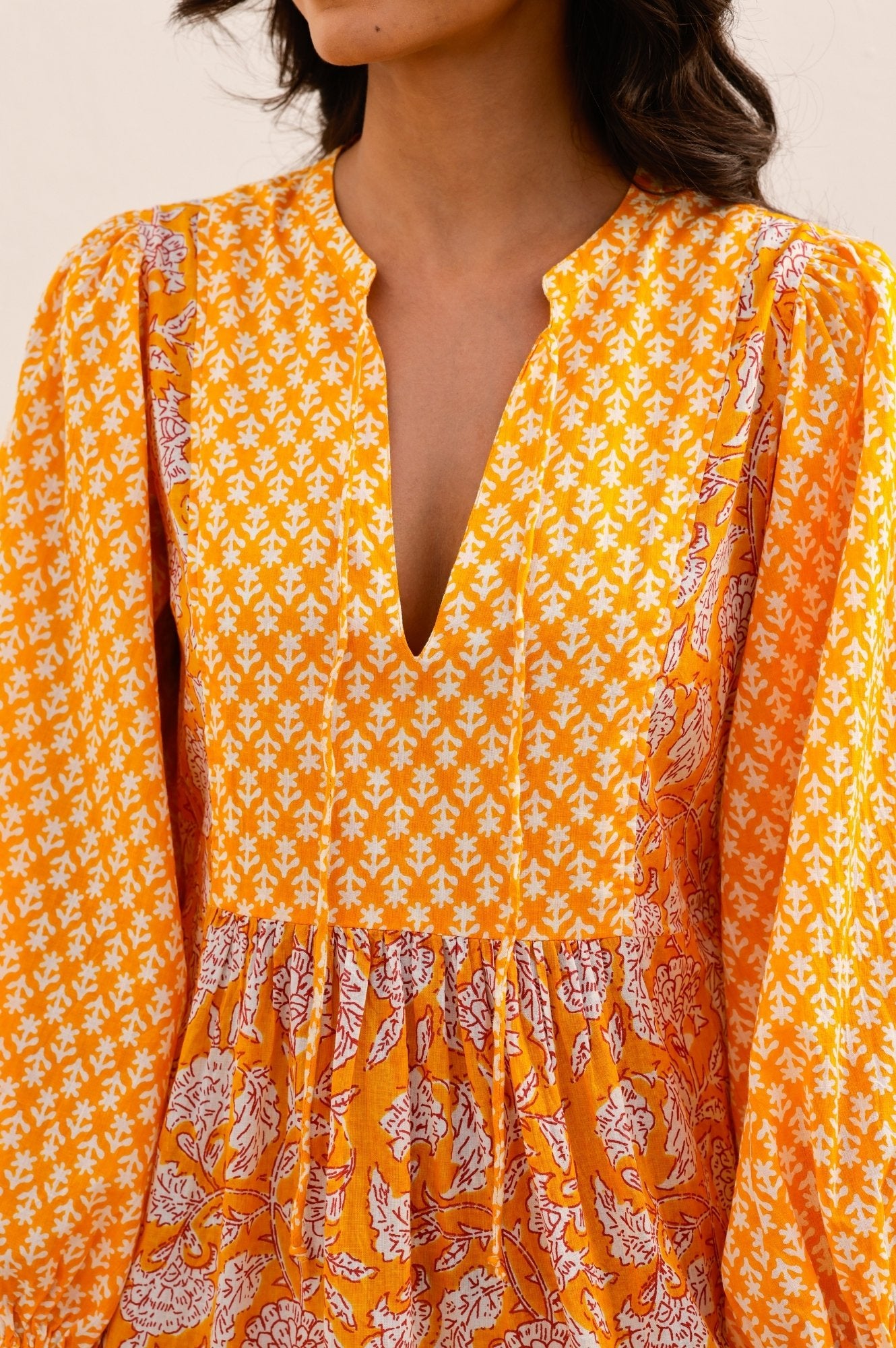 Marina Organic Cotton Print Mix Dress - Dianthus Floral Yellow & White | Summer Casual Wear, Beach Outfit, Boho Style Dress for Women
