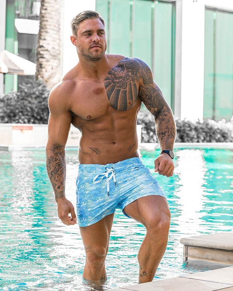 Tucann Make Waves Blue Swim Shorts for Men - 4-Way Stretch Quick Dry Swim Trunks with Chlorine Resistant Fabric & Built-in Compression Liner | Perfect for Beach, Pool, Surfing & Water Sports