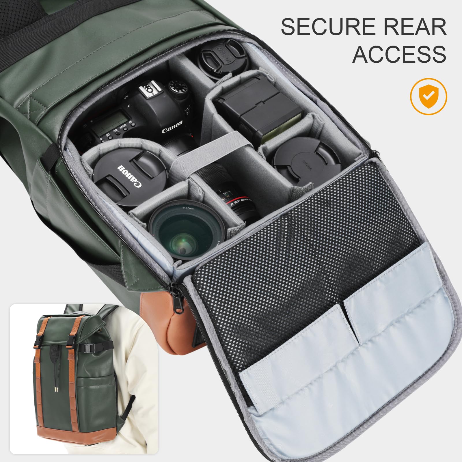 Waterproof Camera Backpack for Photographers - Eco-Friendly Leather DSLR Bag with 13