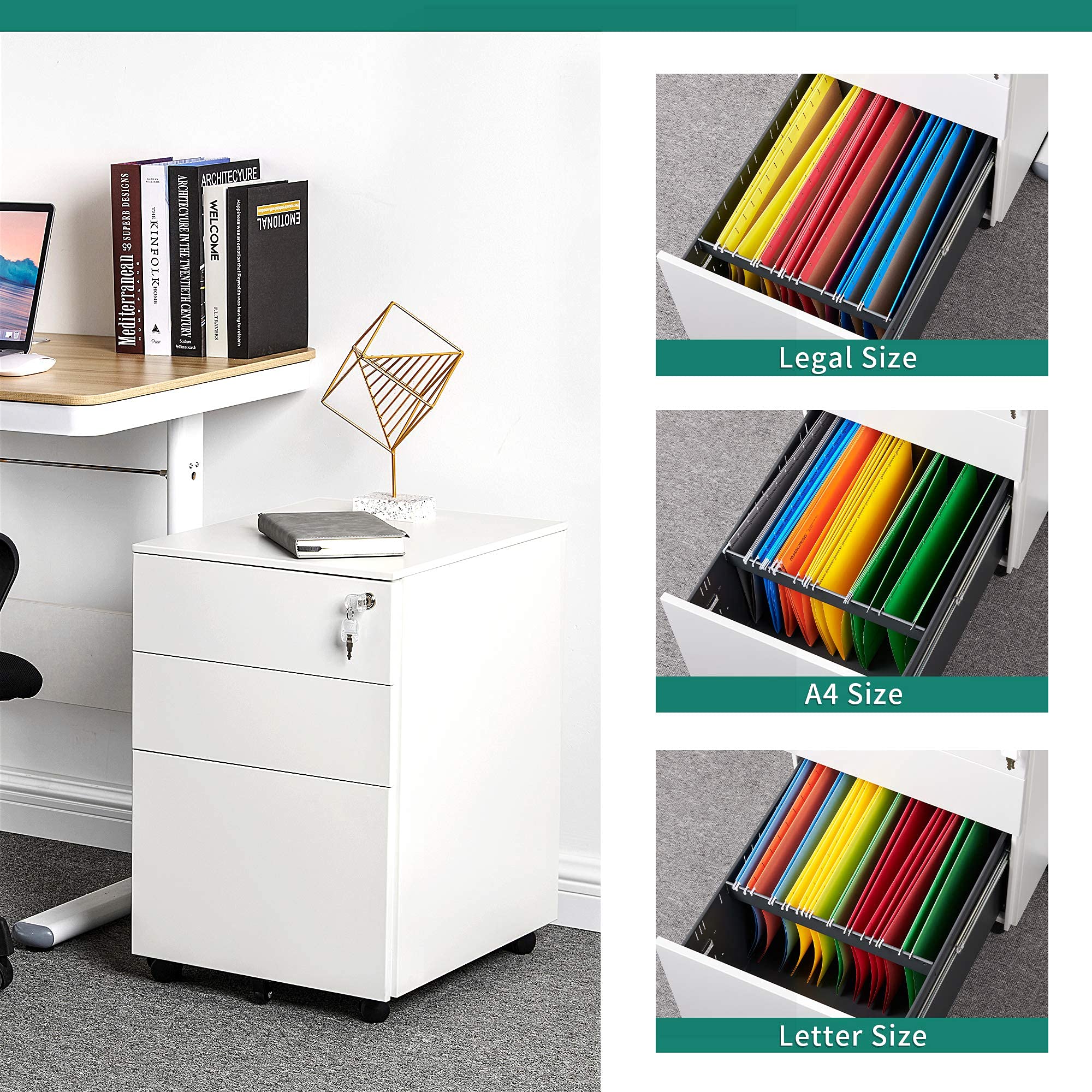 YITAHOME 3-Drawer Metal Filing Cabinet with Lock & Wheels - Portable Office Storage Cabinet for A4/Letter/Legal Files - Black/White - Ideal for Home Office, School & Business Organization