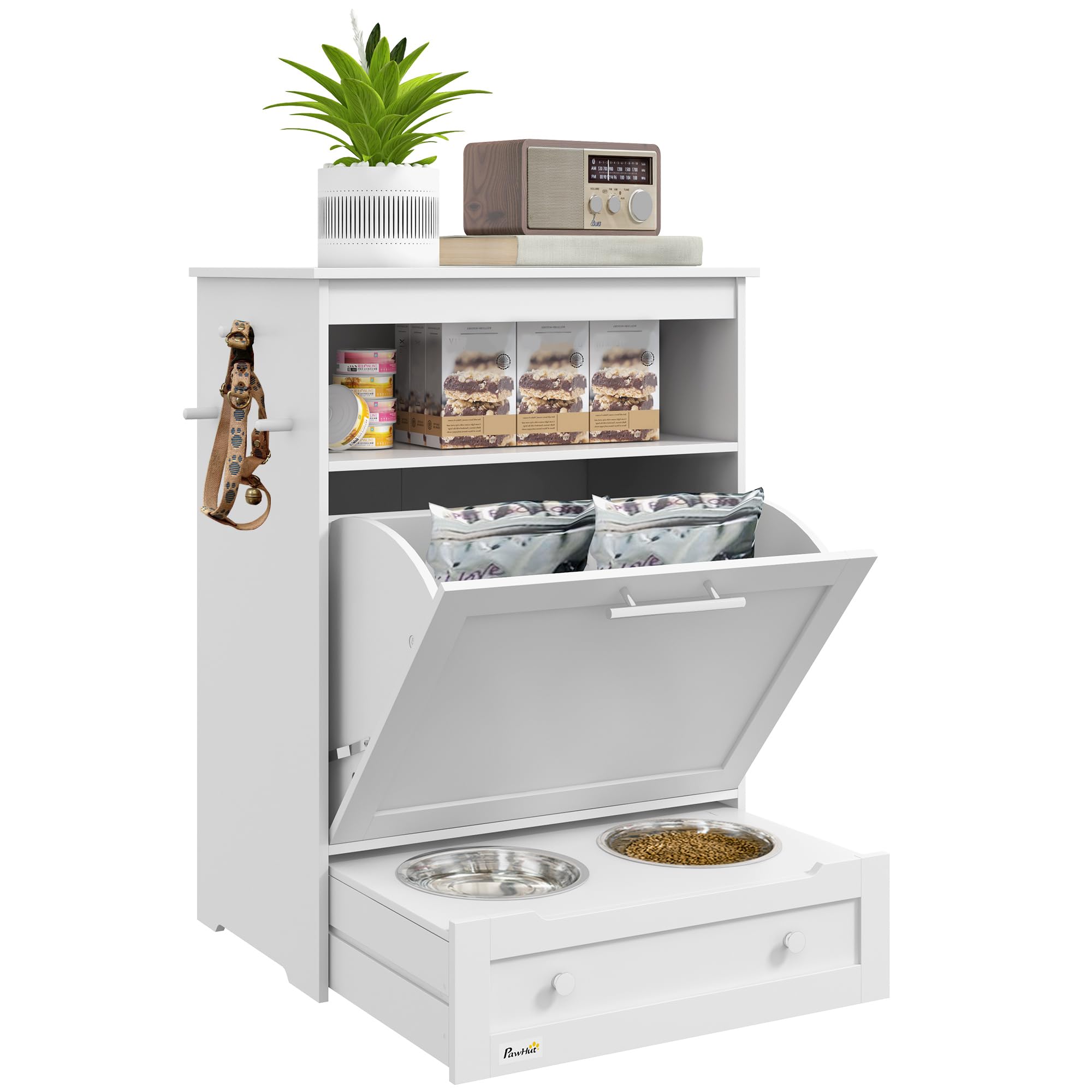 PawHut Elevated Dog Feeding Station with Food Storage Cabinet - Includes Raised Bowls & Hanger for Pet Food & Water Supplies - Perfect for Kitchen, Laundry Room or Pet Feeding Area - White