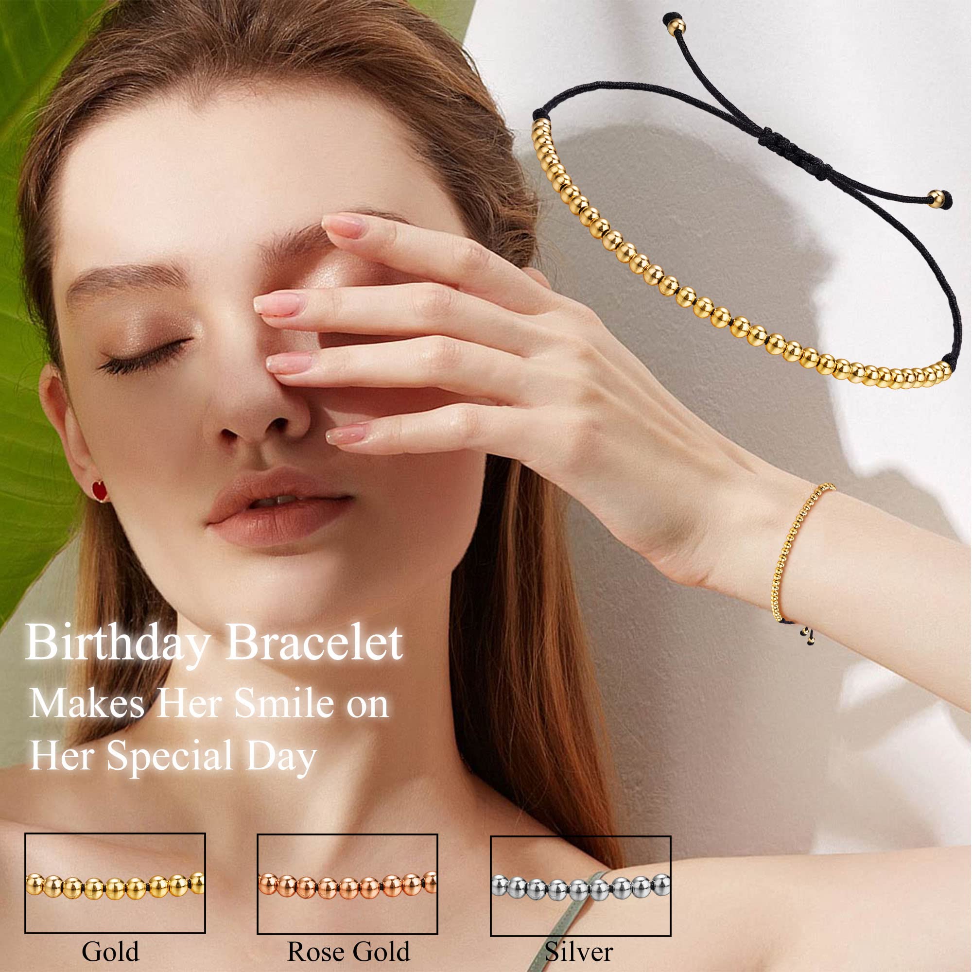 Adjustable Beaded Birthday Bracelet for Women - Silver Gold Rose Gold Link Strand Jewelry Gift for Teen Girls, Daughter, Girlfriend, Wife, Sister & Best Friend - Perfect for Birthday, Christmas & Special Occasions