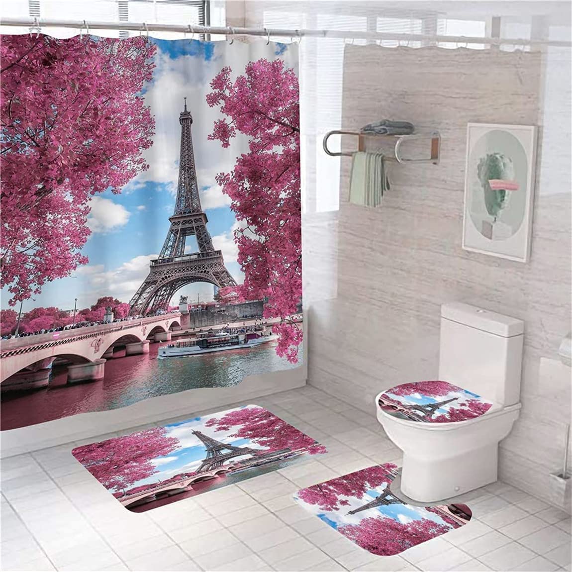 4-Piece Black Paris Eiffel Tower Bathroom Set - Waterproof Shower Curtain with Matching Rug, Toilet Cover & Bath Mat (12 Hooks Included) | Complete Bathroom Decor for Women | Perfect for Small Bathrooms, Apartments & Dorm Rooms