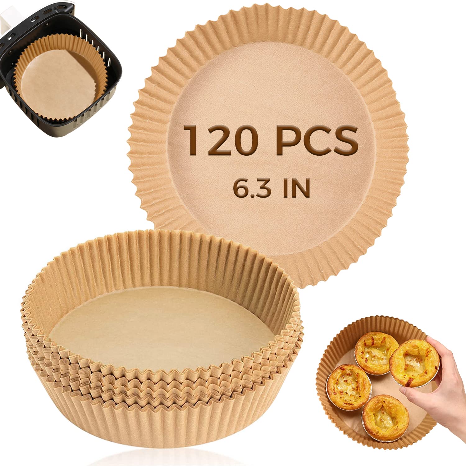120PCS 6.3'' Unbleached Air Fryer Parchment Paper Liners - Disposable Baking Sheets for 3-5 Qt Air Fryer Baskets | Perfect for Healthy Cooking, Roasting Vegetables & Reheating Food