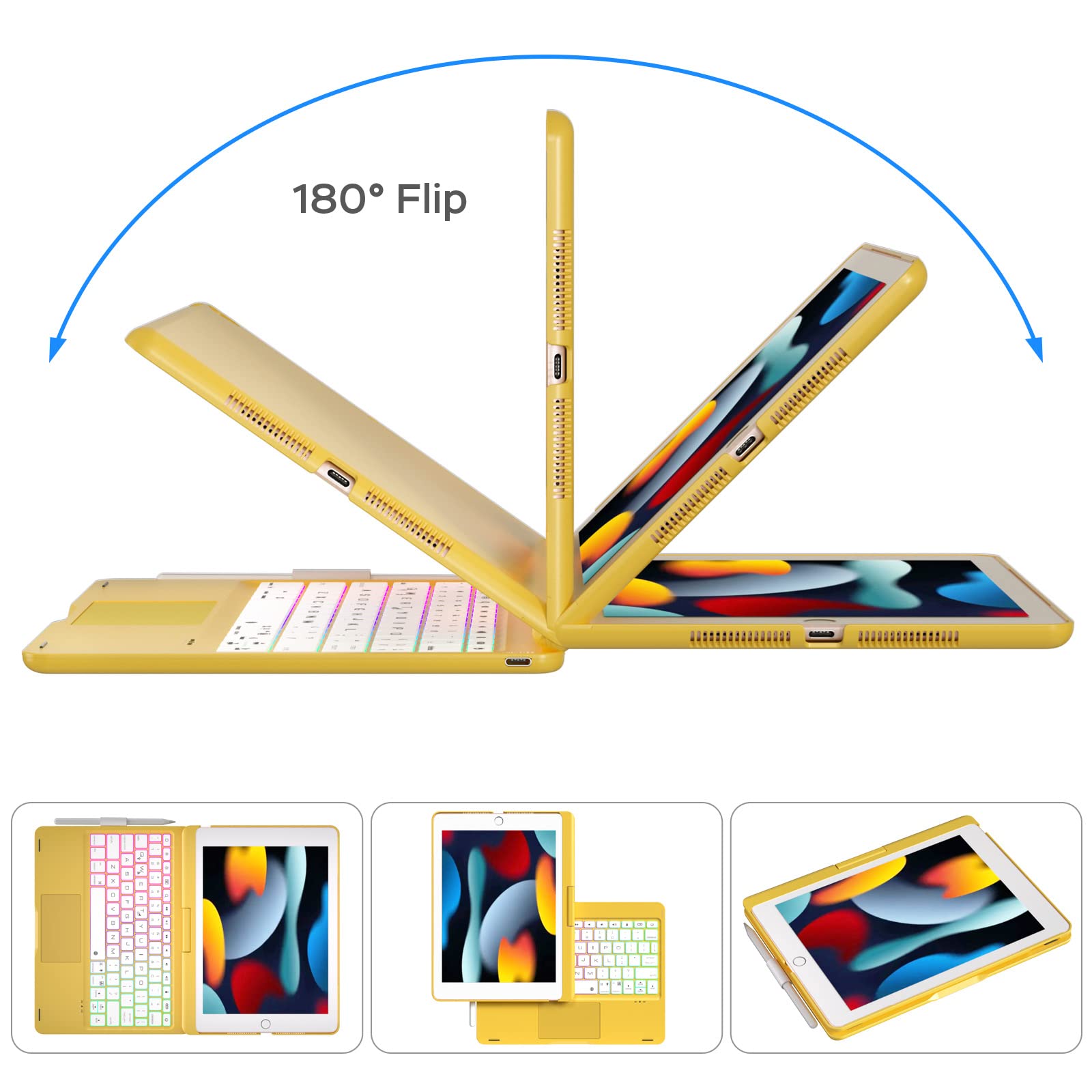 NOKBABO iPad 9th/8th/7th Gen Case with Bluetooth Keyboard - 360° Rotatable Stand, 7-Color Backlit Touchpad & Apple Pencil Holder | Compatible with iPad 10.2 inch & iPad Air 3rd Gen/iPad Pro 10.5 inch | Perfect for Work, Study & Travel (Yellow)