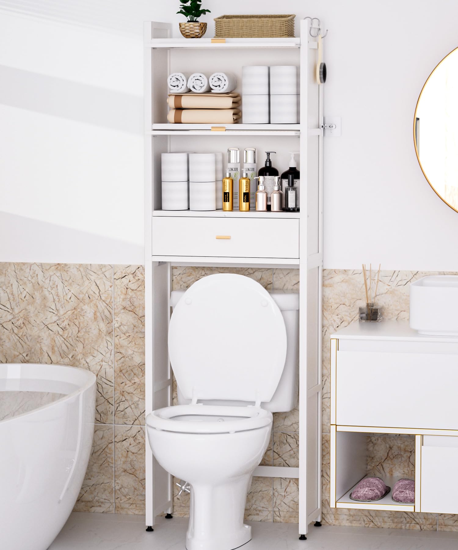 Over The Toilet Storage Cabinet with Drawer & Flip Door - Bamboo Bathroom Organizer Shelf | Anti-Tip Design, Waterproof Feet | Freestanding Space Saver for WC (White) - Perfect for Small Bathrooms & Apartment Storage Solutions