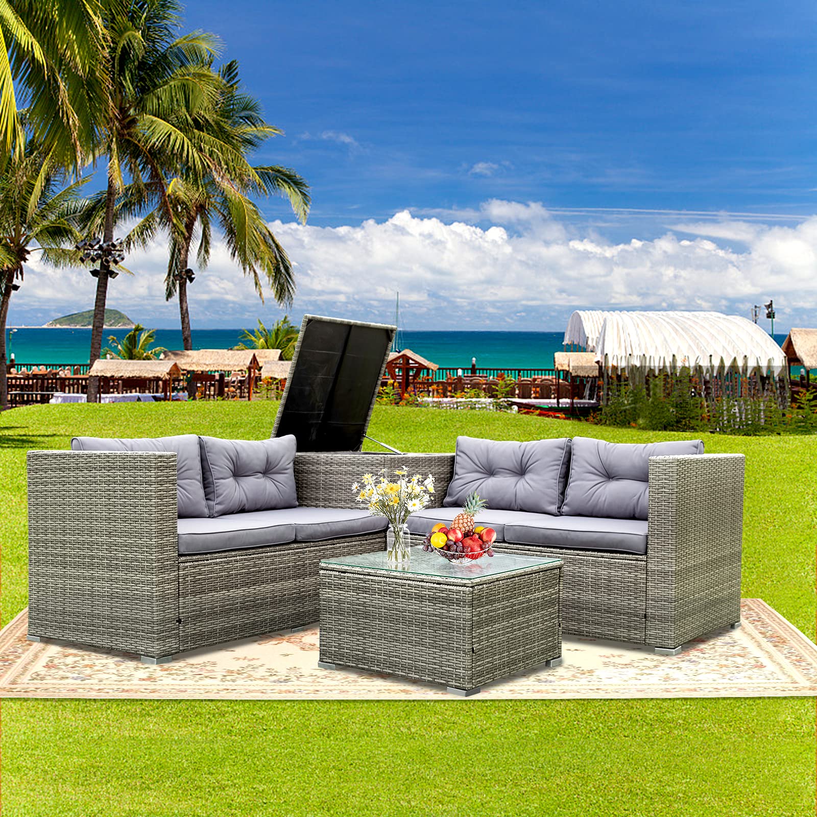 4-Piece Grey Wicker Rattan Patio Sectional Sofa Set with Storage Box - Outdoor Furniture for Garden, Backyard, and Poolside Relaxation