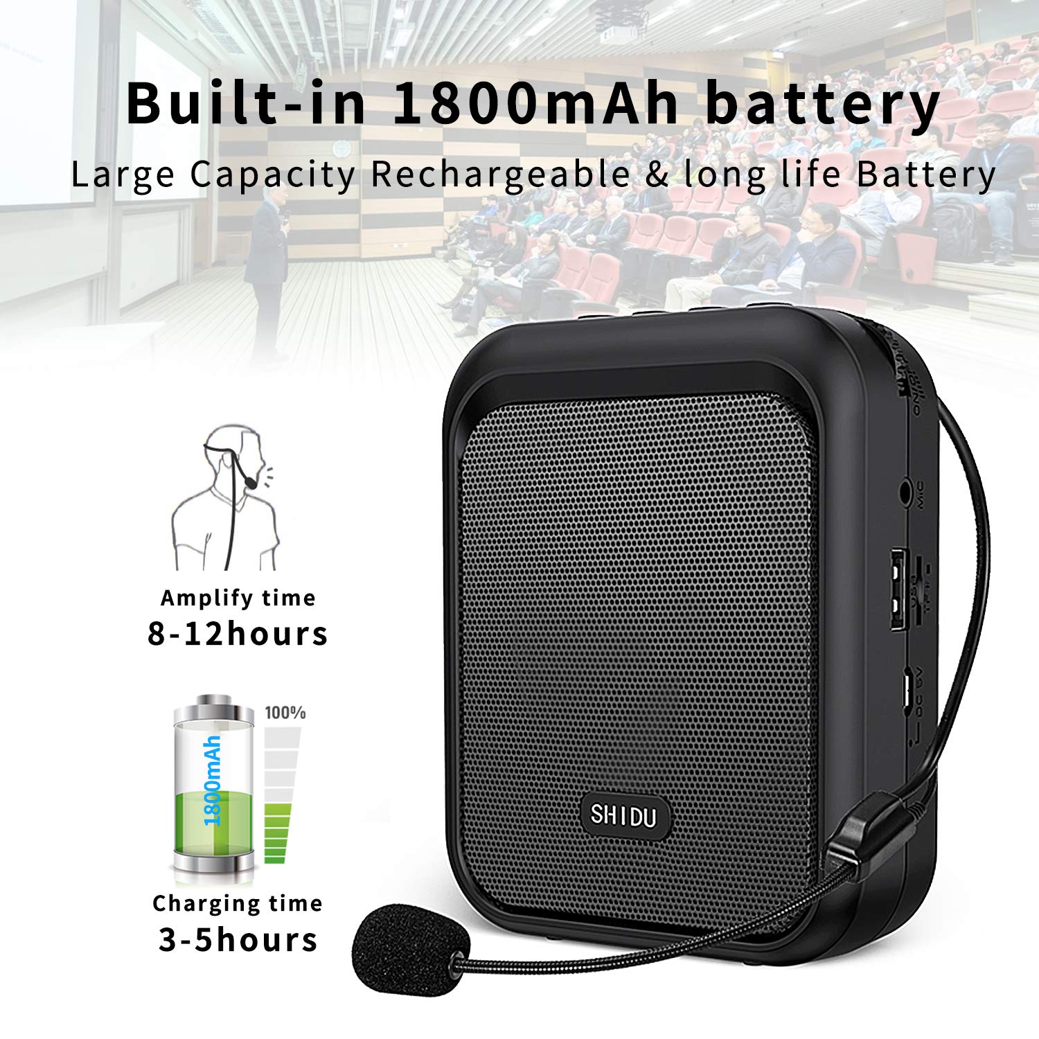 SHIDU Mini Voice Amplifier - Portable Rechargeable 10W Bluetooth Speaker with Wired Microphone Headset, 1800mAh Battery, MP3 Support - Perfect for Teachers, Taxi Drivers, Coaches, Tour Guides & Public Speaking