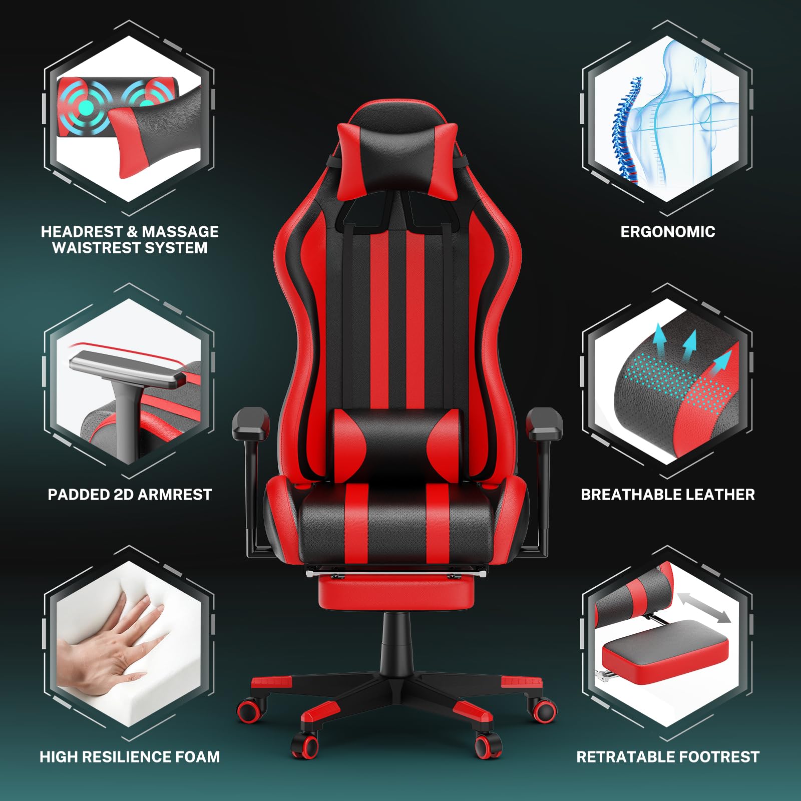 Soontrans Red Gaming Chair with Footrest - Ergonomic Racing Style Massage Gaming Chair for Adults, Adjustable Height & 360° Swivel, Reclining Computer Office Chair for PC Gaming, Streaming & Home Office Use