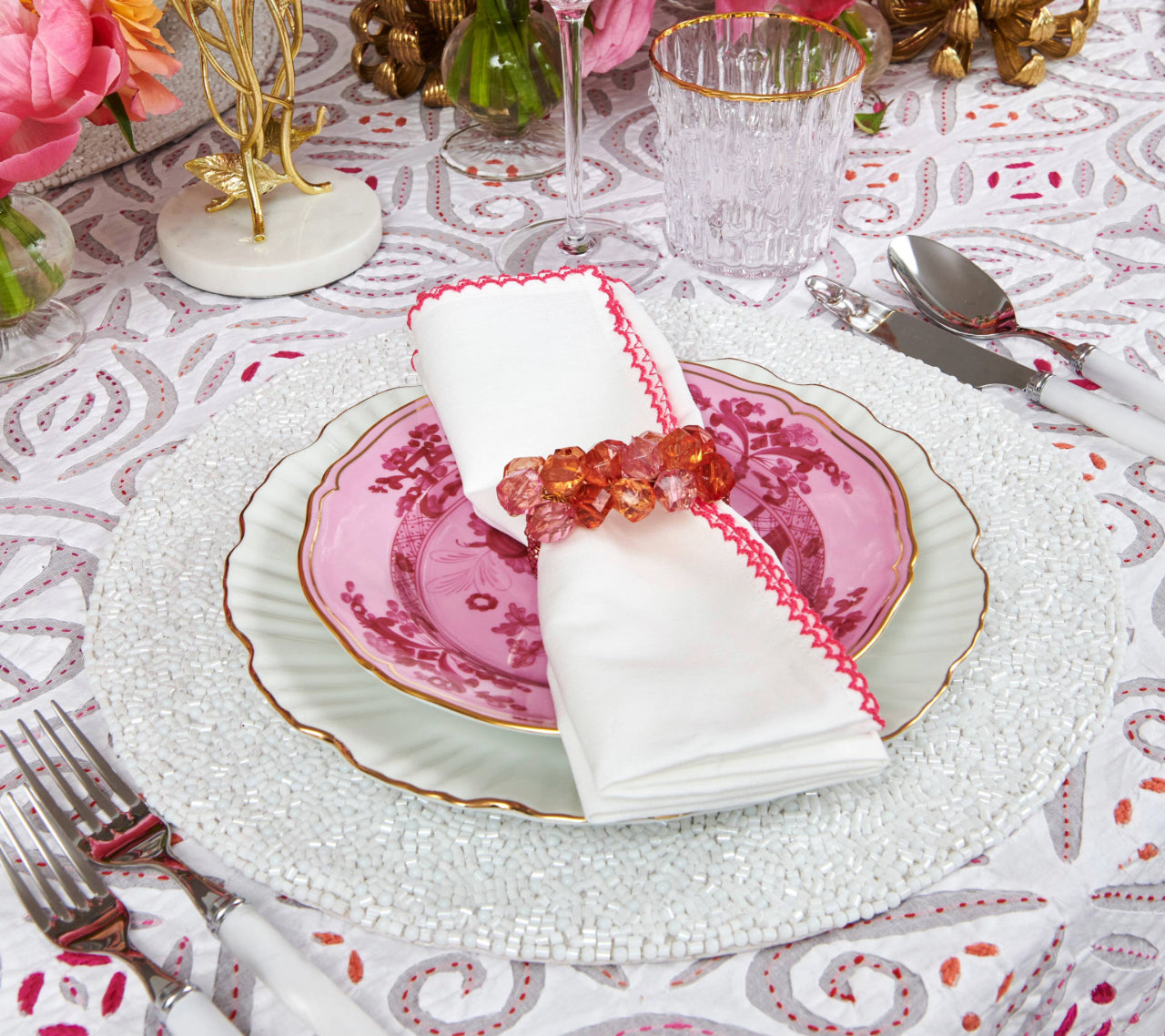 Casbah Napkin Set - 12 Pack White & Pink Cotton Dinner Napkins for Formal Dining, Parties & Everyday Use