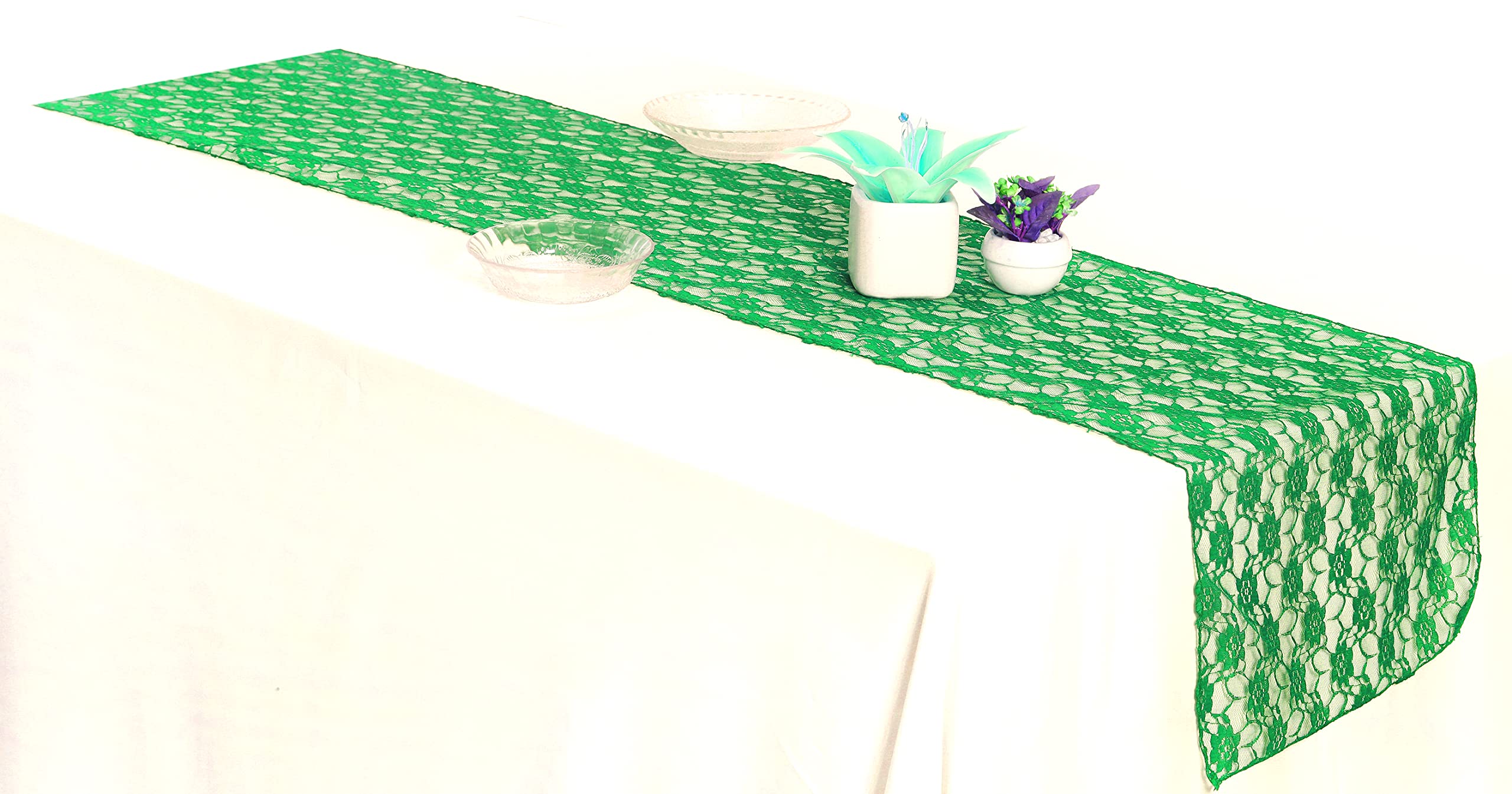 10 Pack 12x108 Inch Green Lace Table Runners for Weddings, Banquets, Parties - Elegant Decor for Birthday, Graduation, Engagement & Anniversary Celebrations - Fits Rectangle & Round Tables - Perfect for Home, Restaurant & Event Venue Decorations