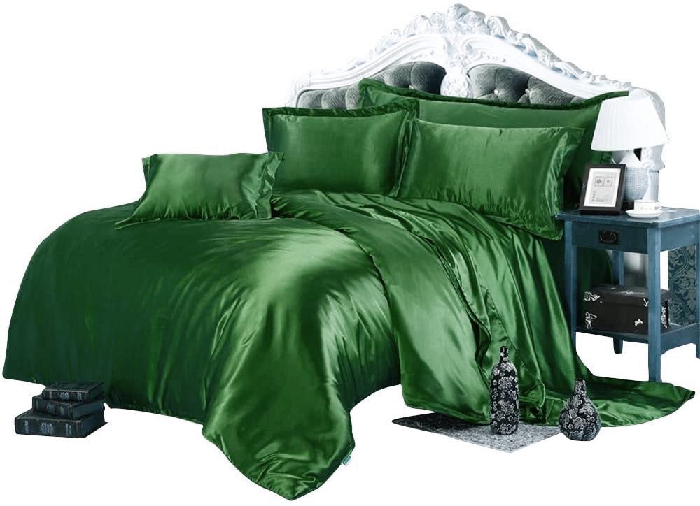 World of Bedding Twin Comforter Set - 7 Piece Satin Twin Size Bedding Set (Comforter, Flat Sheet, Fitted Sheet 19'', 4 Pillowcases) 500 GSM Olive Green Duvet Insert with Satin Sheets | Soft & Luxurious Bedding for Guest Rooms, Dormitories & Cozy Bedrooms
