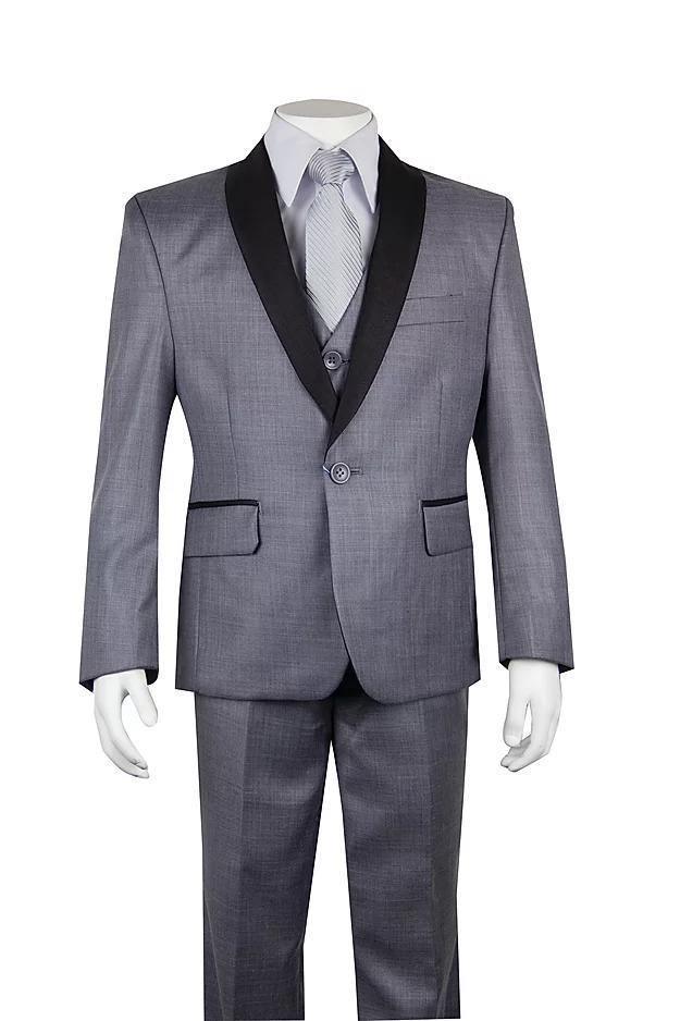 Boys 5-Piece Gray and Black Shawl Lapel Tuxedo Suit Set - Formal Wear for Weddings, Prom, and Special Occasions