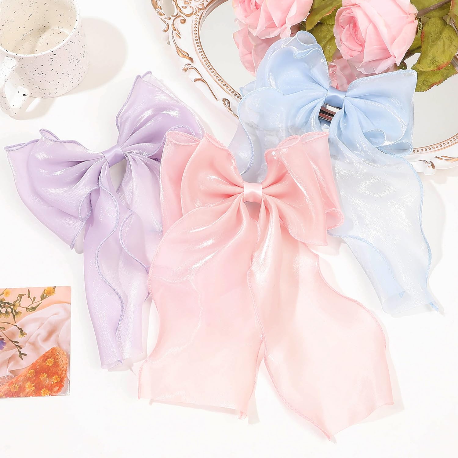 Pink Silk Hair Bows for Women - Elegant French Ribbon Hair Clips for Girls & Parties