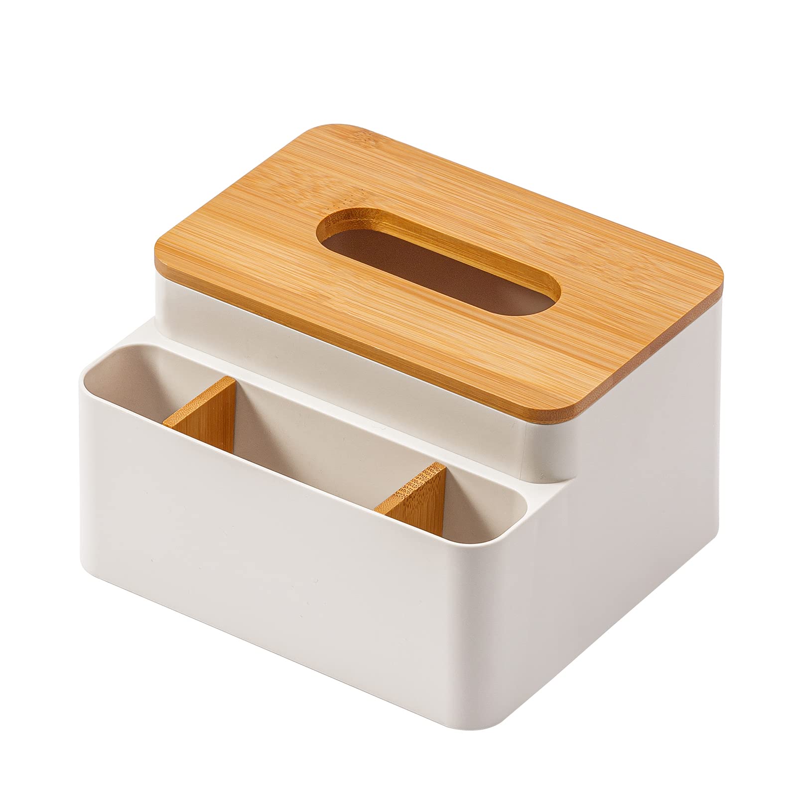 Acrylic Tissue Box Cover with Bamboo Lid - 7x4.5x4 inch Multifunctional Desk Organizer for Home & Office | Perfect for Living Room, Bedroom, and Office Desk Decor (White)