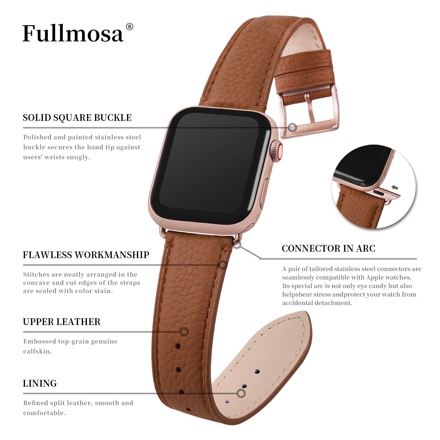 Fullmosa Genuine Leather Apple Watch Bands Compatible with Series 9/8/7/6/5/4/3/2/1/SE/Ultra 2 (38mm 40mm 41mm 42mm 44mm 45mm 49mm) - Stylish iWatch Strap with Protective Case for Women - Perfect for Work, Dating & Formal Occasions