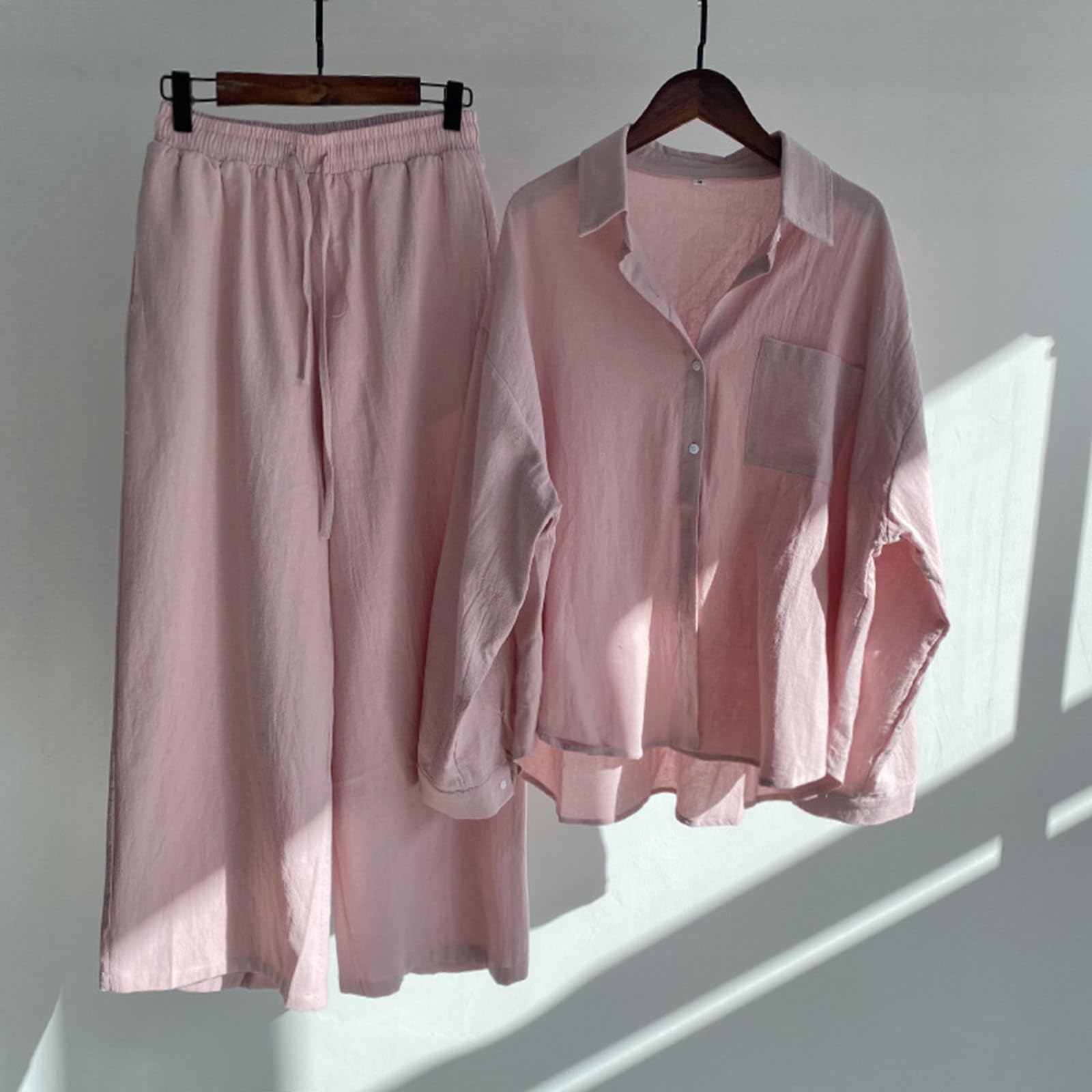 Women's 2-Piece Cotton Linen Outfit - Long Sleeve Shirt & Wide Leg Pants for Casual Wear