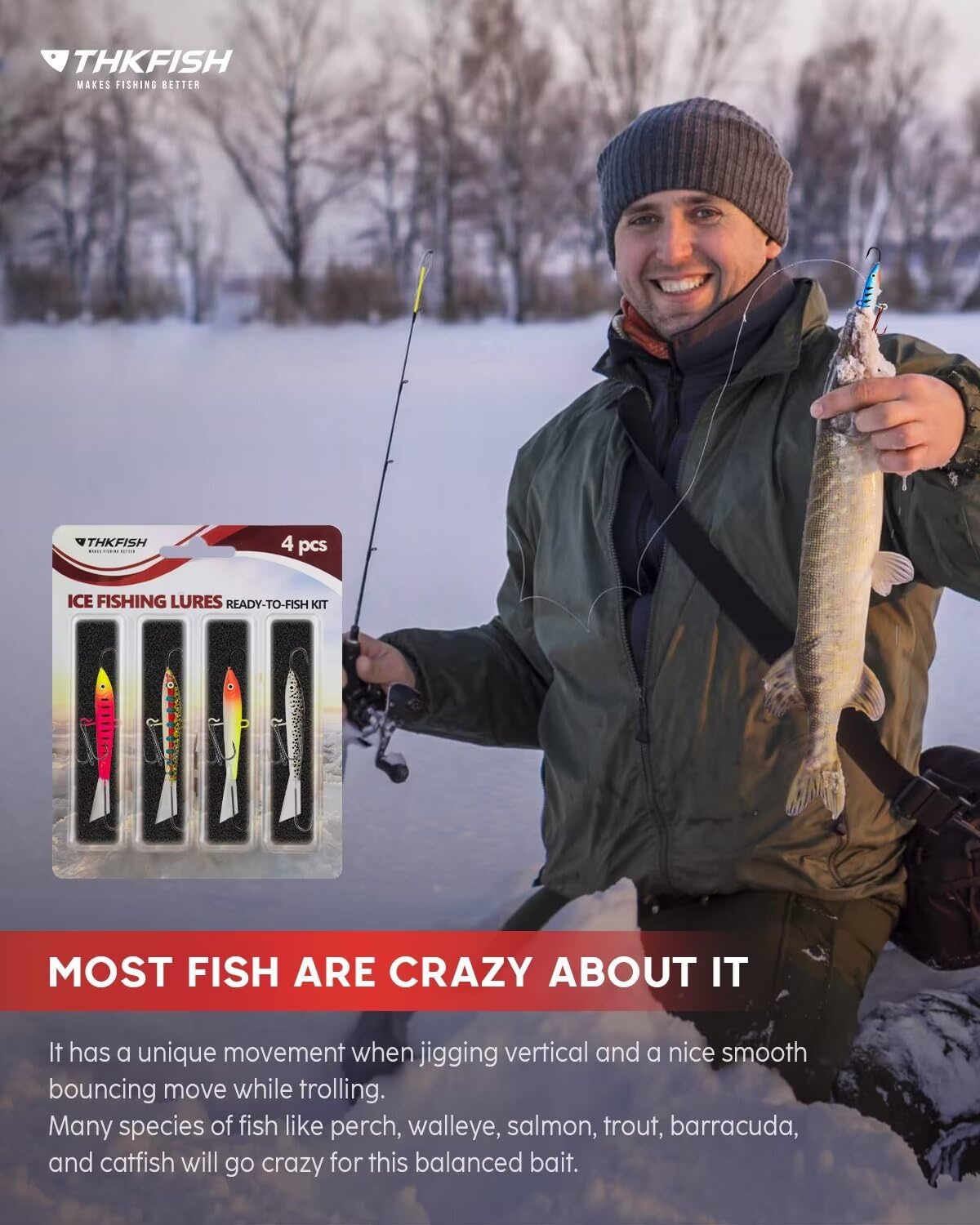 THKFISH Ice Fishing Jigs & Lures Kit - 4PCS/8PCS Vertical Jigs for Crappie, Panfish, Walleye, Bluegill - 10g(0.35oz) & 18g(0.63oz) Weights - Essential Ice Fishing Gear for Winter Fishing Adventures