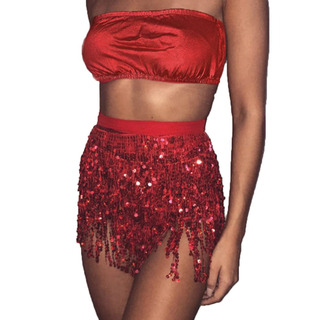 TWINKLEDE Red Sequin Fringe Skirt & Metallic Bandeau Bra Set - 2PC Belly Dance Hip Scarf & Shiny Crop Top for Women | Perfect for Rave Parties, Music Festivals, and Dance Performances