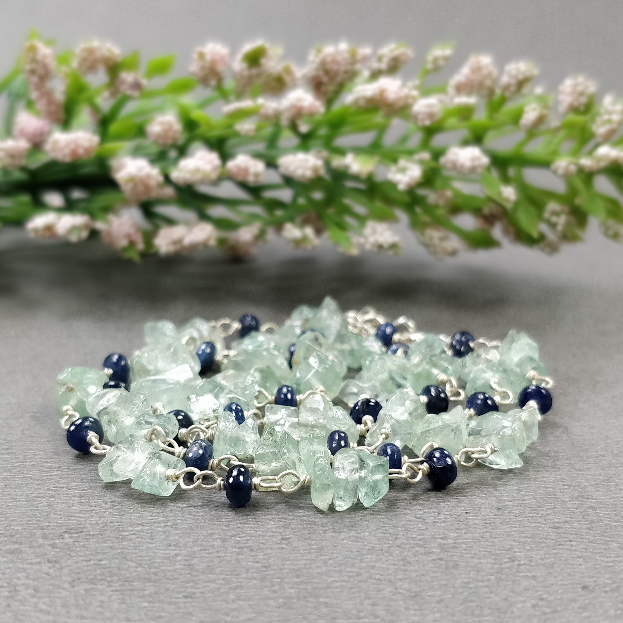 Natural Blue Sapphire & Emerald Gemstone Raw Uncut Beads Sterling Silver Chain Necklace - 17