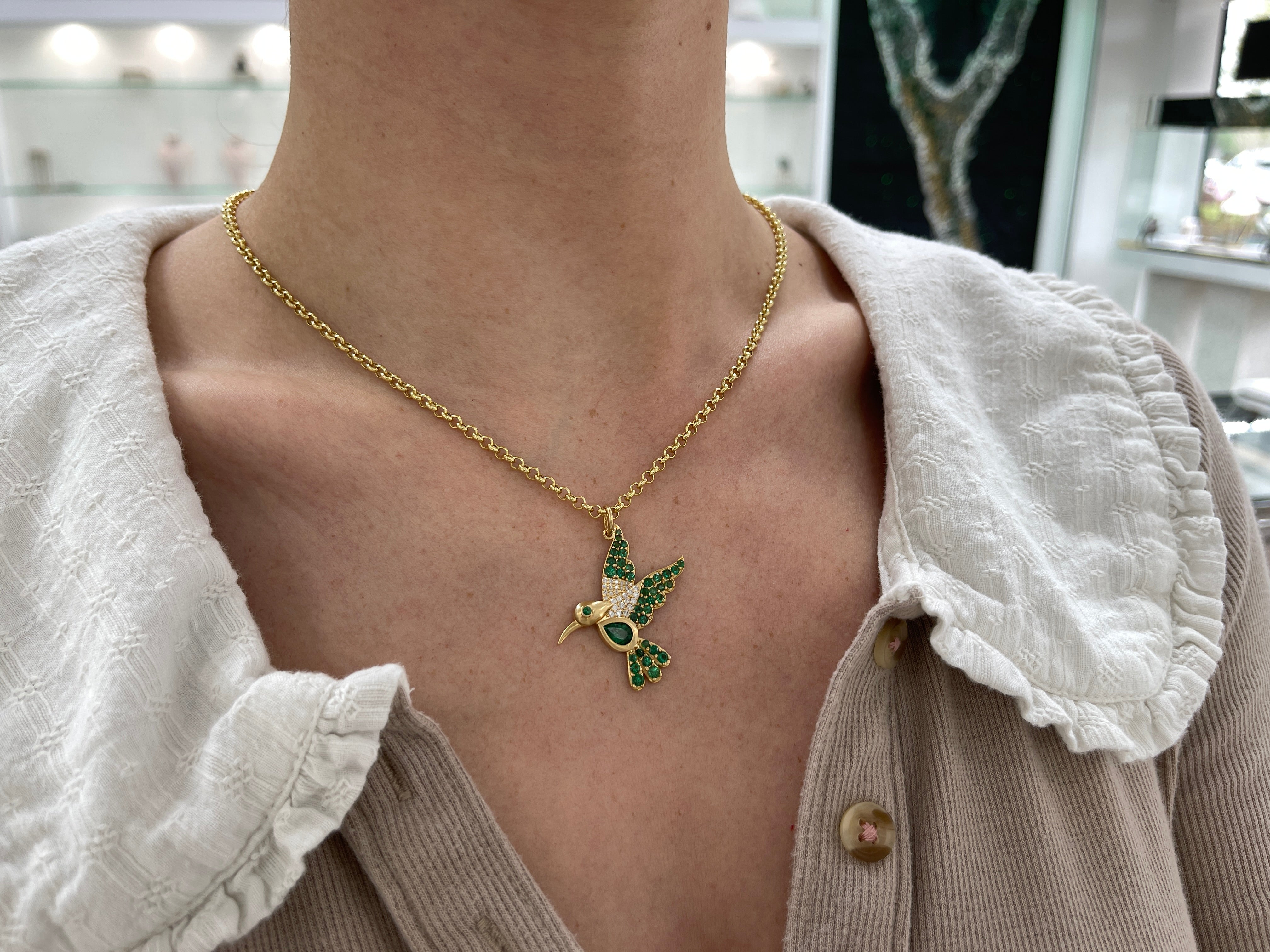 2.16tcw Natural Emerald & Diamond Hummingbird Pendant in 14K Gold - Elegant Jewelry Gift for Women, Perfect for Birthdays, Anniversaries & Special Occasions