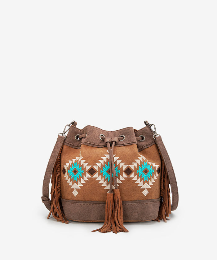 Montana West Aztec Fringe Bucket Bag Set for Women - Stylish Leather Crossbody Purse with Adjustable Strap, Perfect for Travel, Shopping & Everyday Use