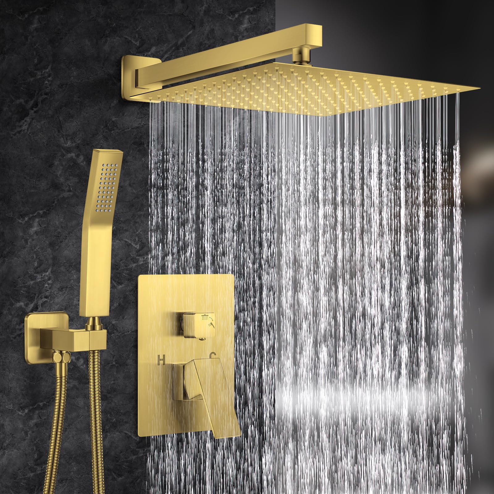 12 Inch Brushed Gold Shower System with Rain Shower Head & Handheld Sprayer - Wall Mounted Complete Bathroom Faucet Set with Rough-in Valve & Trim Kit - Perfect for Modern Bathroom Renovation & Spa-Like Shower Experience