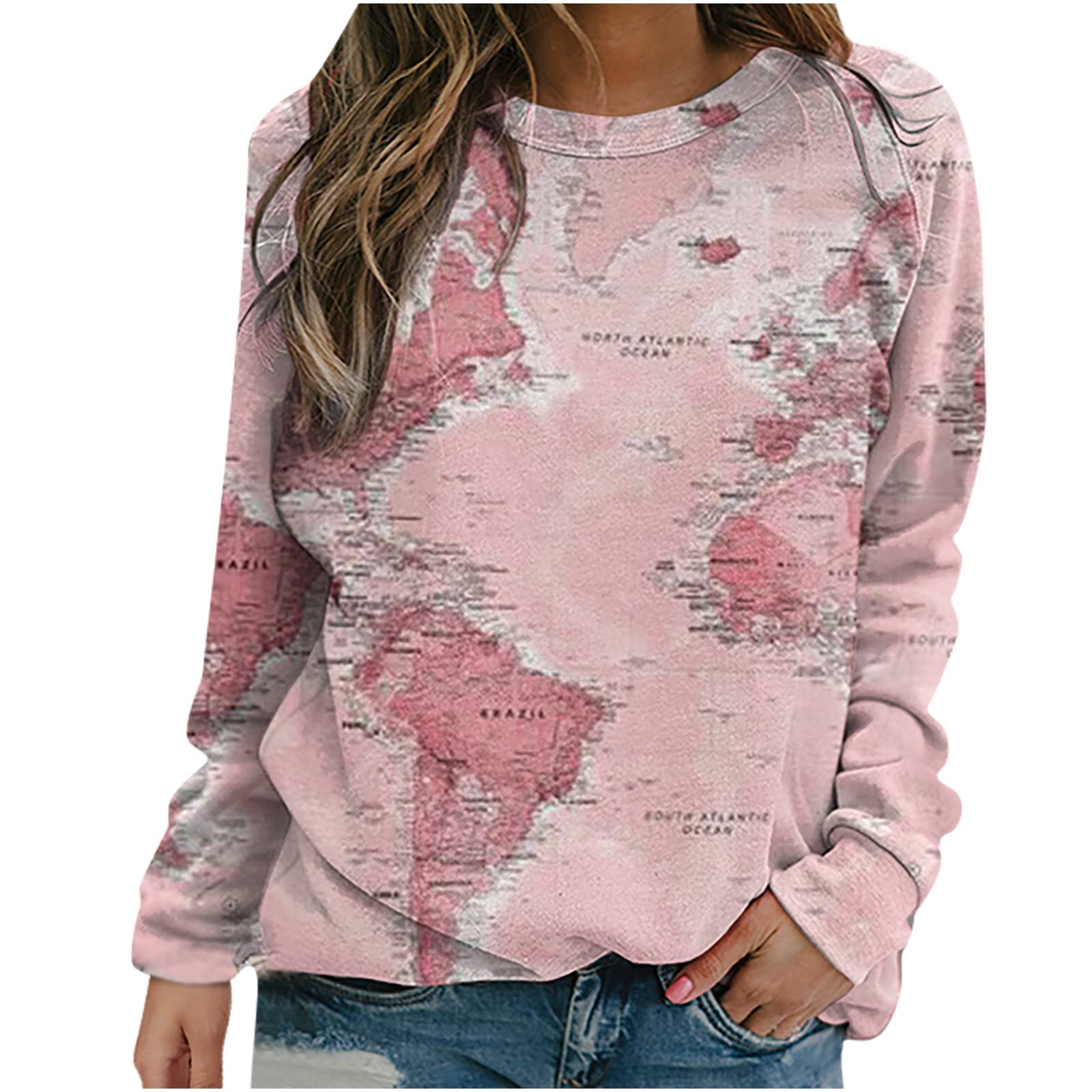 Women's Autumn World Map Print Sweatshirt - Soft Casual Long Sleeve Pullover Tunic Top | Cozy Fall Fashion for Travel, Outdoor Activities & Everyday Wear