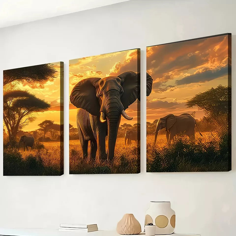 3-Piece Elephant Wall Art Set - Grassland Sunset Scenery Canvas Prints 50x70cm (20x28in) | High Quality Framed Wall Decor | Australian Made | Ready to Hang | Perfect for Living Room, Bedroom & Office Decor