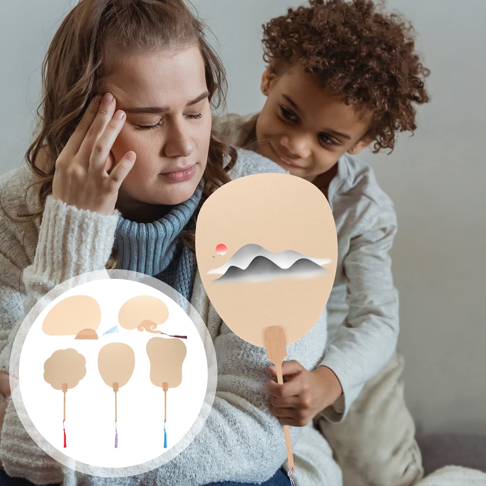 5-Pack DIY Chinese Uchiwa Paper Fans for Kids - Blank Round Hand Fans for Painting, Graffiti & Art Projects - Fun Creative Craft Activity for Parties, Classroom & Home Decor