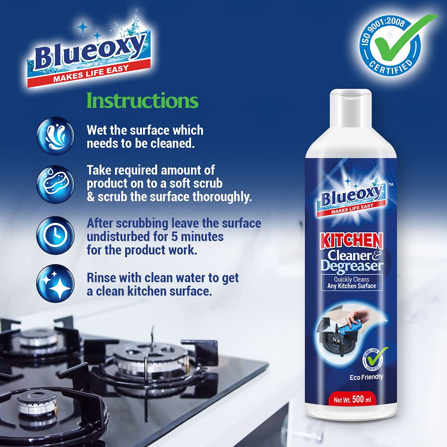 BLUEOXY High-Performance Kitchen Cleaner & Degreaser - Powerful Oil Stain Remover for Stove, Chimney & Glass Cooktops | Eco-Friendly Formula | 500ml (1 Pack) - Perfect for Deep Cleaning Greasy Kitchen Surfaces & Appliances
