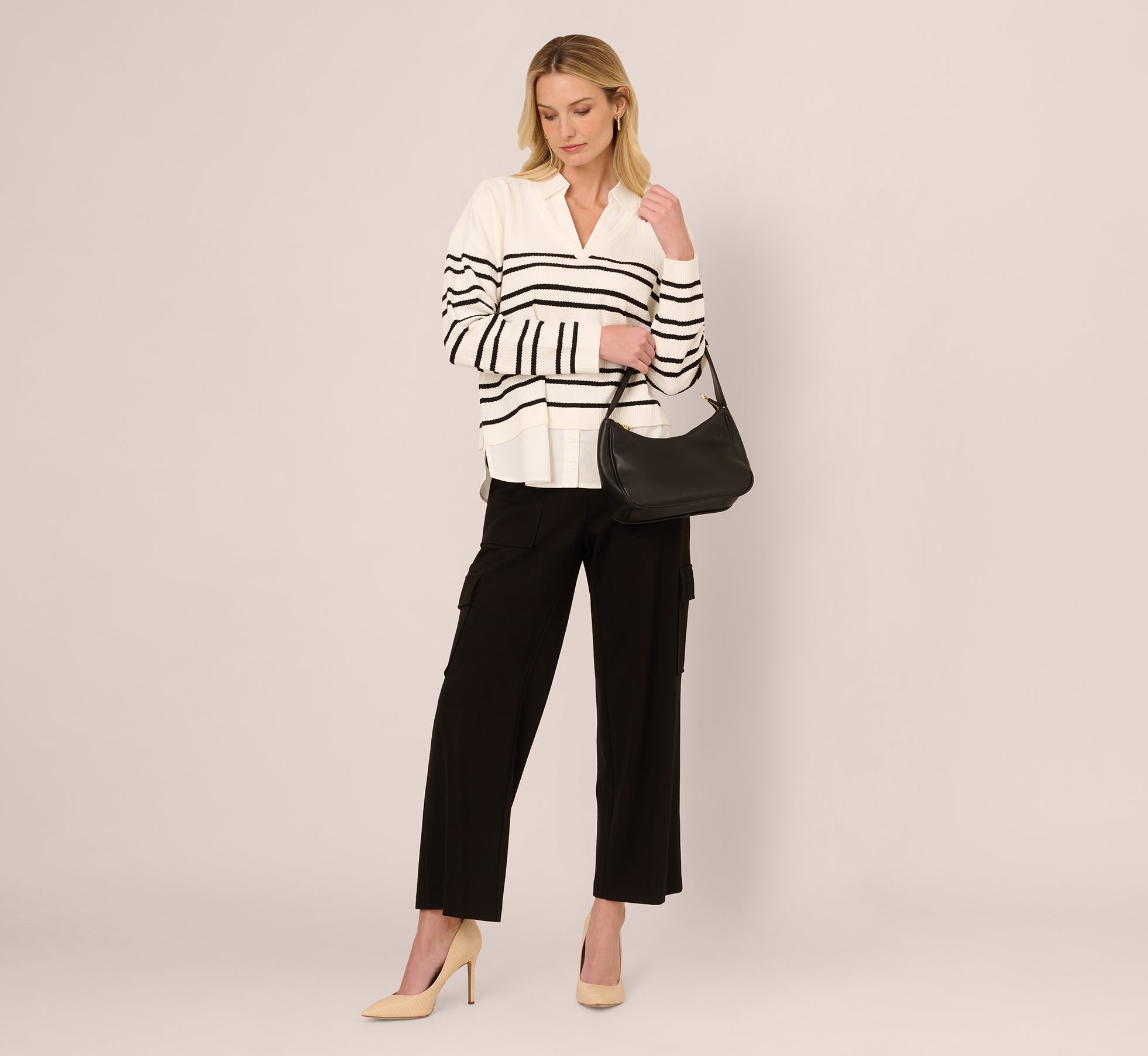 Long Sleeve Stripe Collar Pullover Sweater for Women - Ivory & Black Color Block Design | Cozy Winter Knitwear for Office, Date Night & Casual Outings