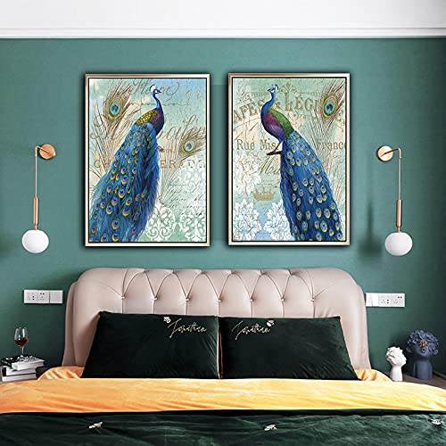 Peacock Framed Wall Art - 2 Panels Canvas Blue Peacock Tail Feather Painting with Flowers, Animal Wall Decor for Living Room, Bedroom, Bathroom & Farmhouse - Perfect for Home Decor, Housewarming Gifts & Bohemian Style Interiors (18