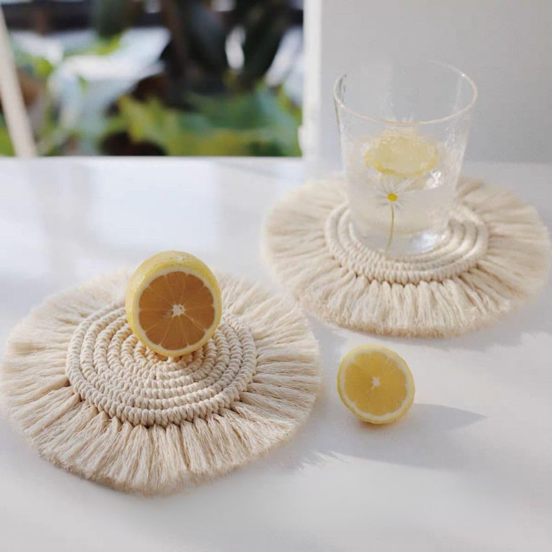 Bohemian Style Macrame Round Coasters Set of 2 - Handmade Cotton Coasters for Coffee Mugs, Tea Cups & Drinkware - Perfect for Dining Table Decor, Coffee Table Centerpiece & Home Decoration (White)