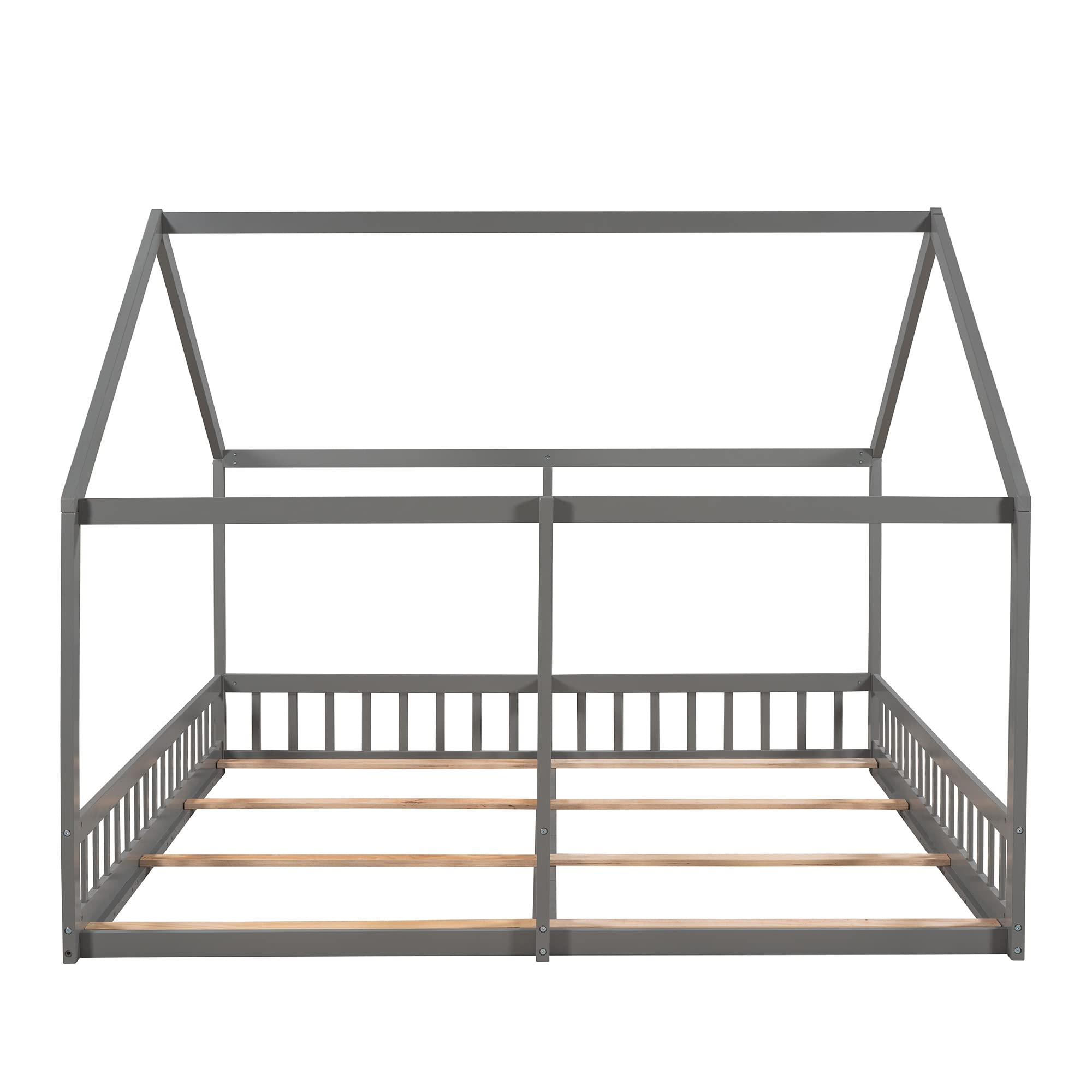Twin Size House Platform Bed Frame - Solid Pine Wood Kids Bed with Roof - Gray - Perfect for Shared Bedrooms, Playrooms, and Cozy Sleepovers