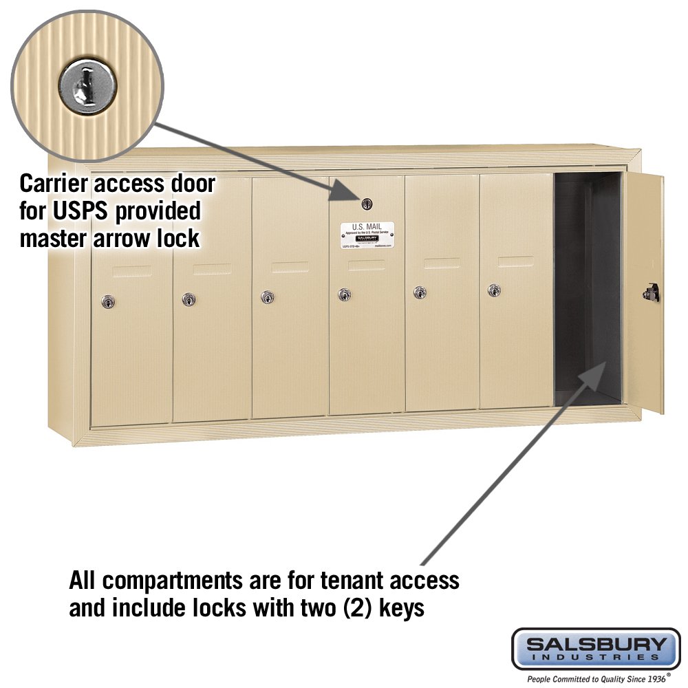 Salsbury Industries 3507SSU USPS Approved 7-Door Vertical Mailbox - Surface Mounted, Sandstone Finish - Perfect for Apartment Buildings, Office Complexes & Residential Communities