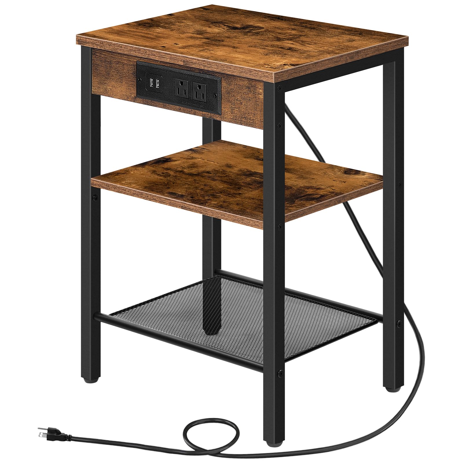 HOOBRO 3-Tier End Table with Charging Station & USB Ports - Adjustable Shelf Small Side Table for Living Room, Bedroom, Balcony - Rustic Brown Nightstand for Small Spaces | Perfect for Apartments, Dorms & Cozy Corners BF112BZ01