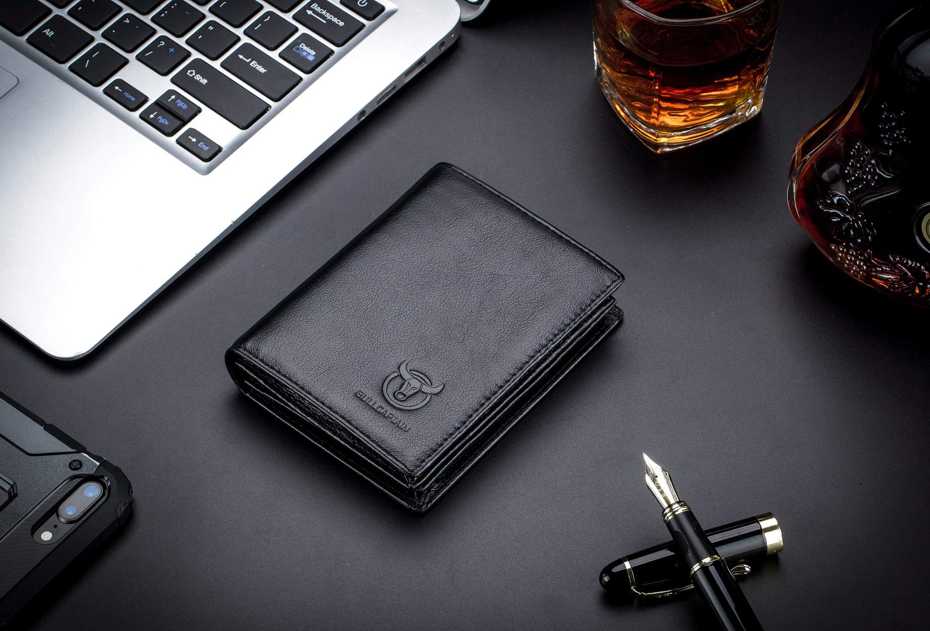 BULLCAPTAIN Genuine Leather RFID Wallet for Men - Slim Bifold with ID Window for Daily Use