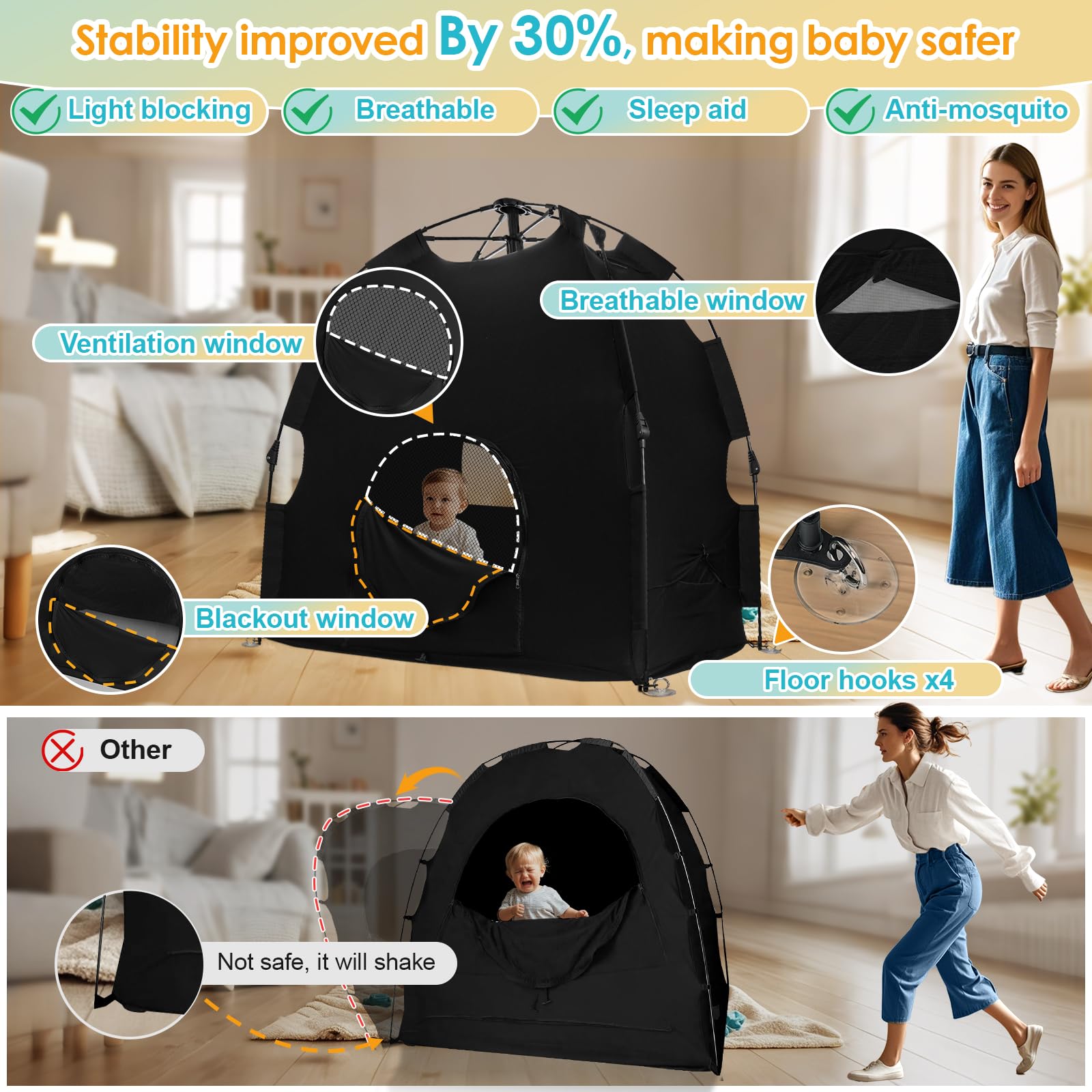 Blackout Tent for Pack N Play - Baby Sleep Tent with Star Projector, Breathable Mini Crib Cover for Kids & Toddlers | Blocks 98% Light, One-Click Setup | Perfect for Travel, Camping & Nursery Naps