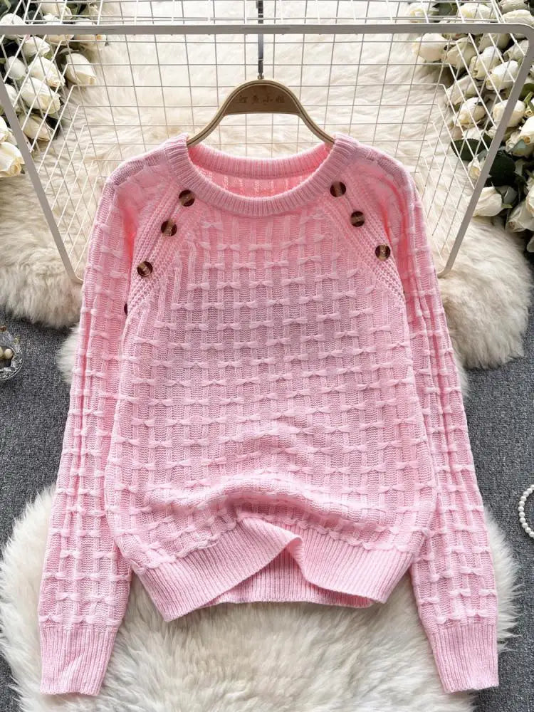Women's Vintage White Long Sleeve Button-Up Sweater - Cozy Loose Knit Pullover with Bow Detail, Pink O-Neck Top for Fall Winter Fashion | Perfect for Office, Dating & Casual Outfits