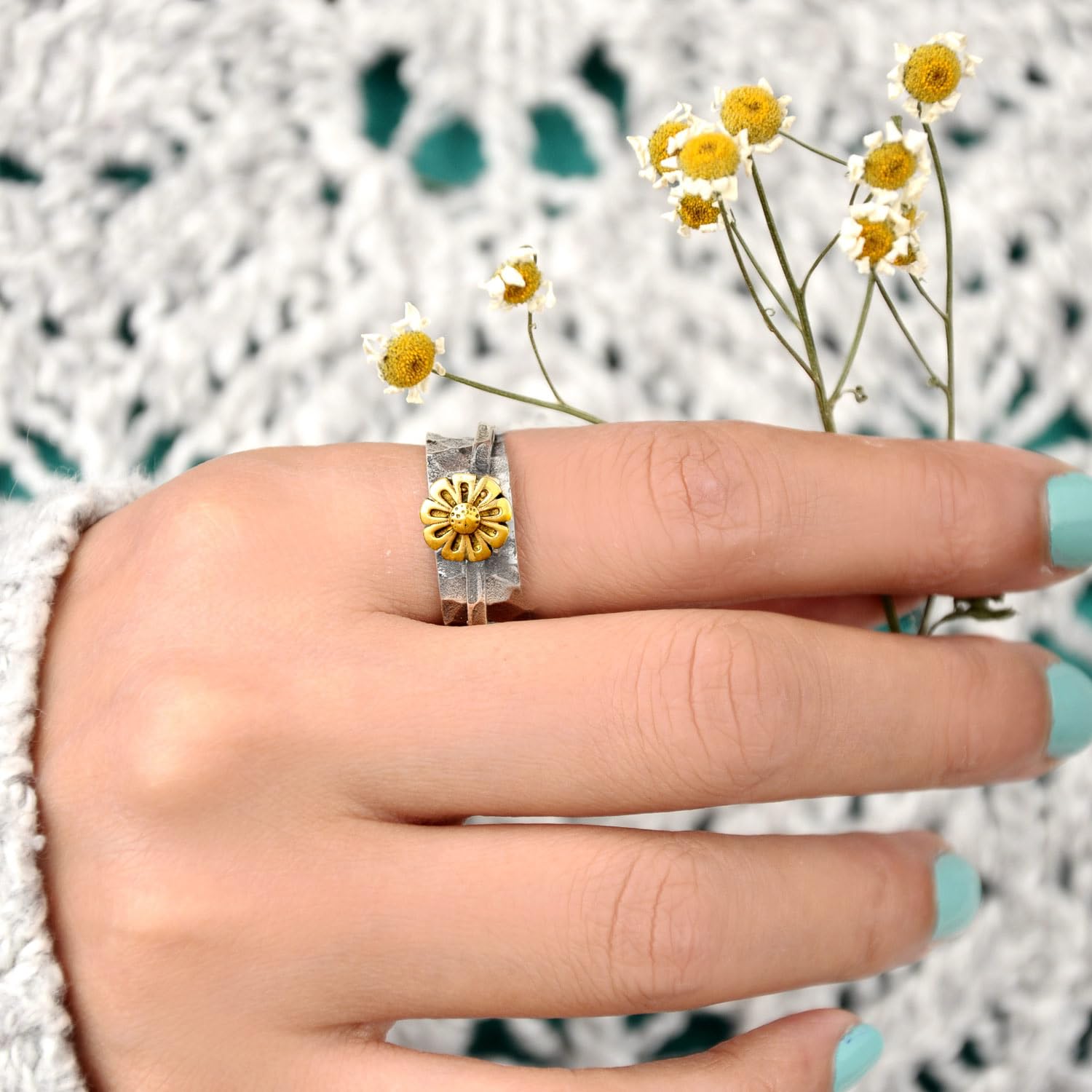 Boho Sunflower Spinner Ring for Women - 925 Sterling Silver & Brass Wide Band Fidget Jewelry for Anxiety Relief - Nature Inspired Meditation Ring for Stress Relief & Focus - Perfect for Yoga, Office & Daily Wear