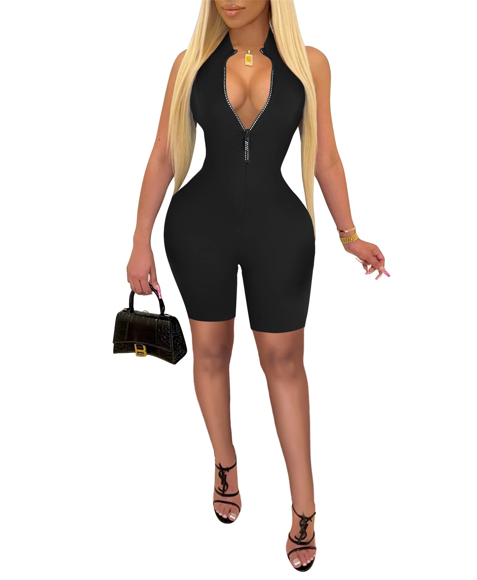 Sexy Women's Bodycon Jumpsuit - Long Sleeve V-Neck Zipper One Piece Outfit with Rich Hold | Perfect for Clubwear, Date Night & Evening Parties