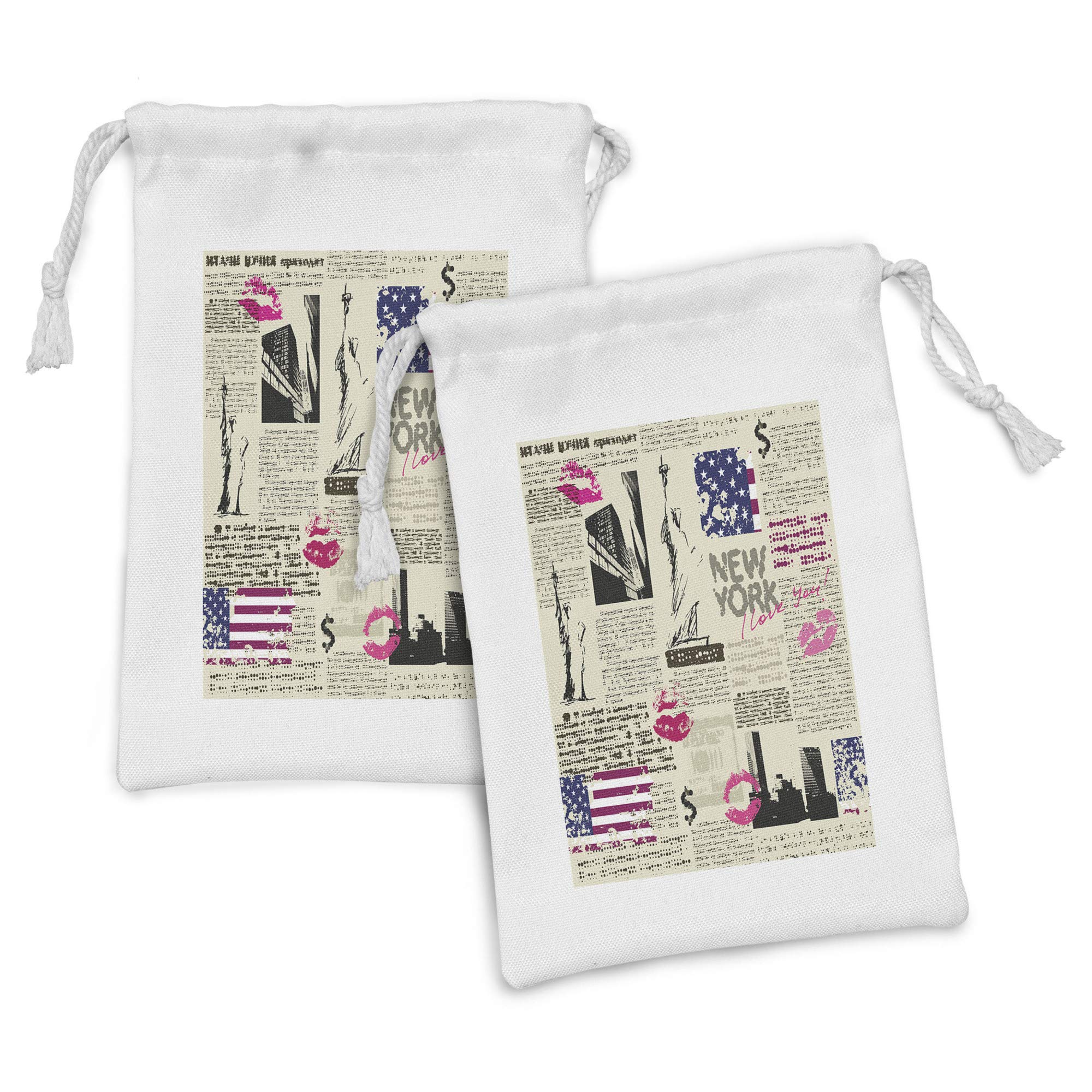 Ambesonne 2-Pack Fabric Drawstring Pouch Set - Vintage New York Sketch & Liberty Print Small Bags (9