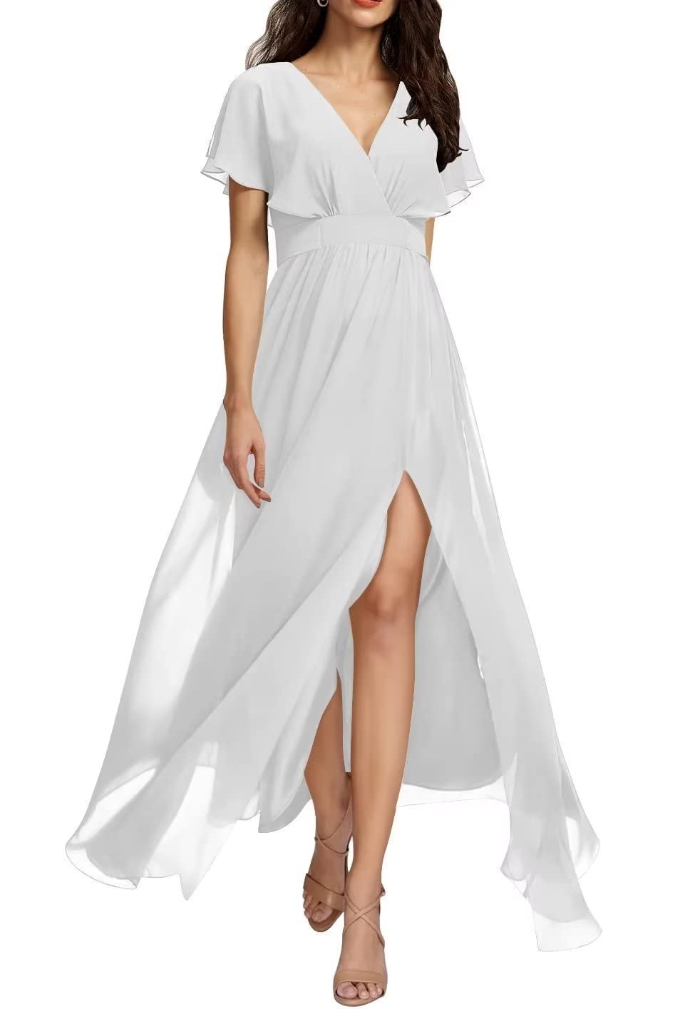 Elegant White Chiffon Bridesmaid Dress with Ruffle Sleeves & High Slit - Plus Size V-Neck A-Line Formal Gown for Wedding Guest (Size 16W) - Perfect for Bridal Party, Evening Events & Special Occasions