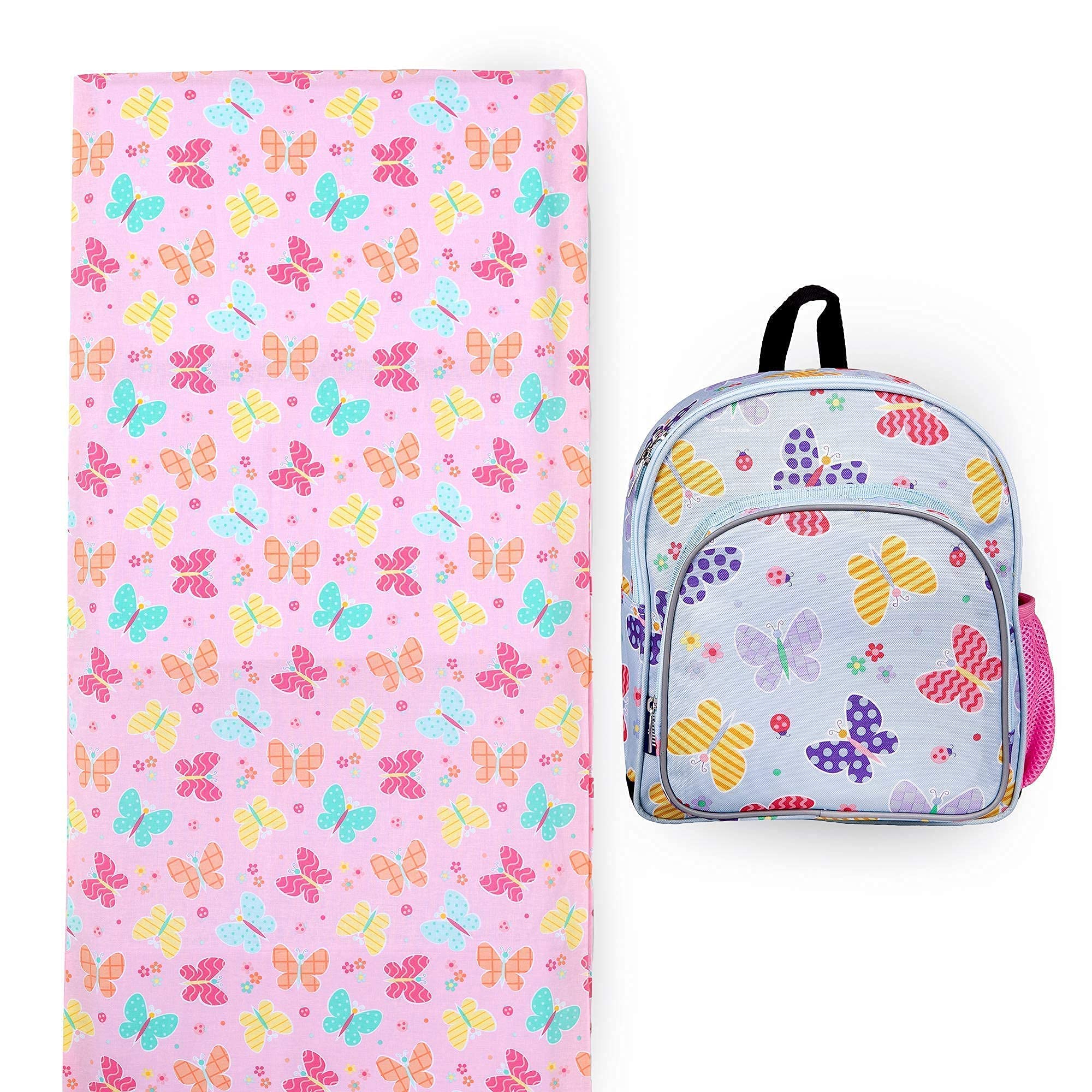 Wildkin 12 Inch Kids Backpack with Nap Mat Cover - Butterfly Garden Design | Durable School Backpack for Boys & Girls | Perfect for Preschool, Daycare & Travel
