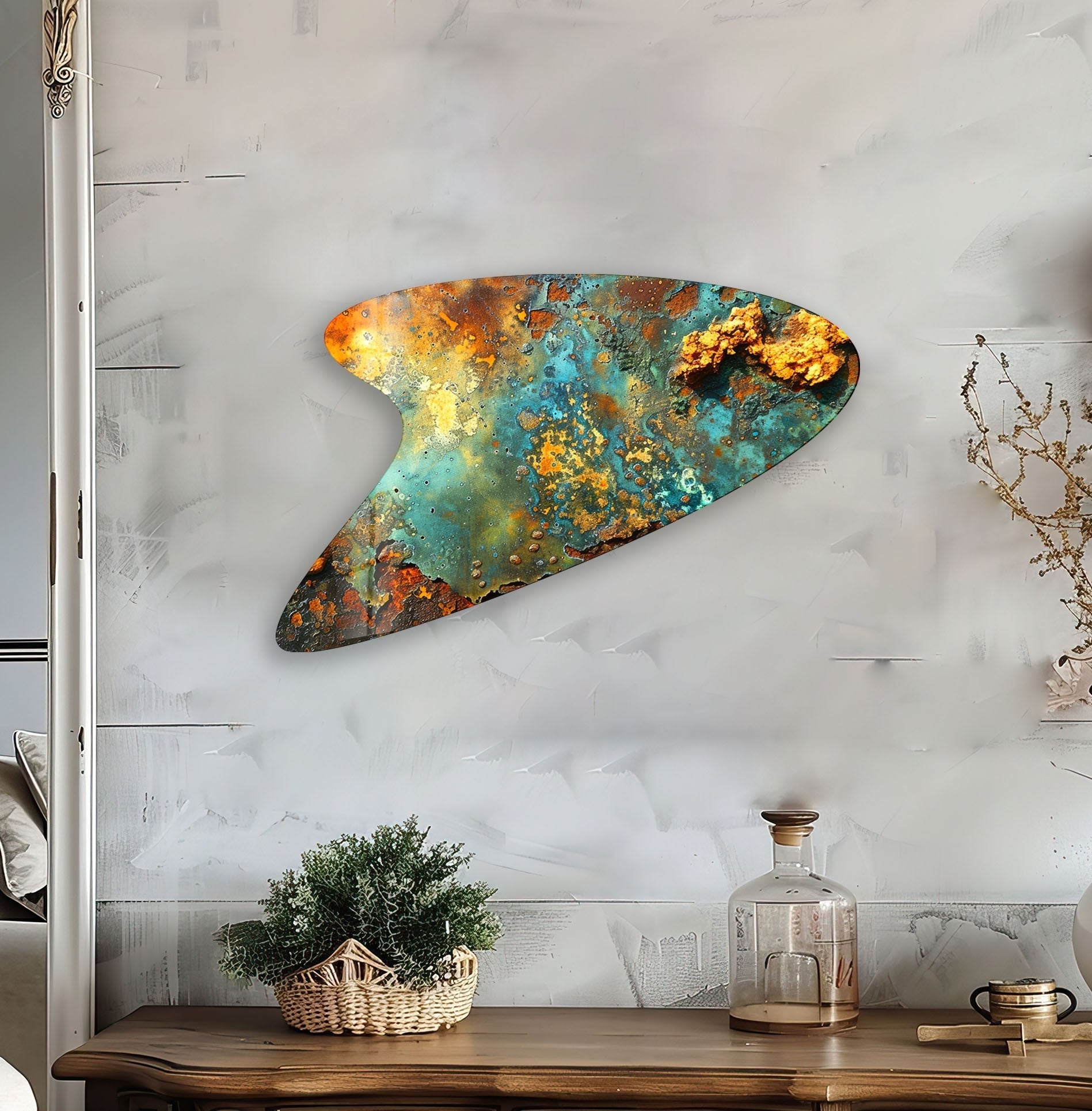 Abstract Green Print Irregular Glass Wall Art - Modern Home Decor for Living Room, Bedroom & Office - Unique Handmade Glass Artwork for Stylish Interior Design