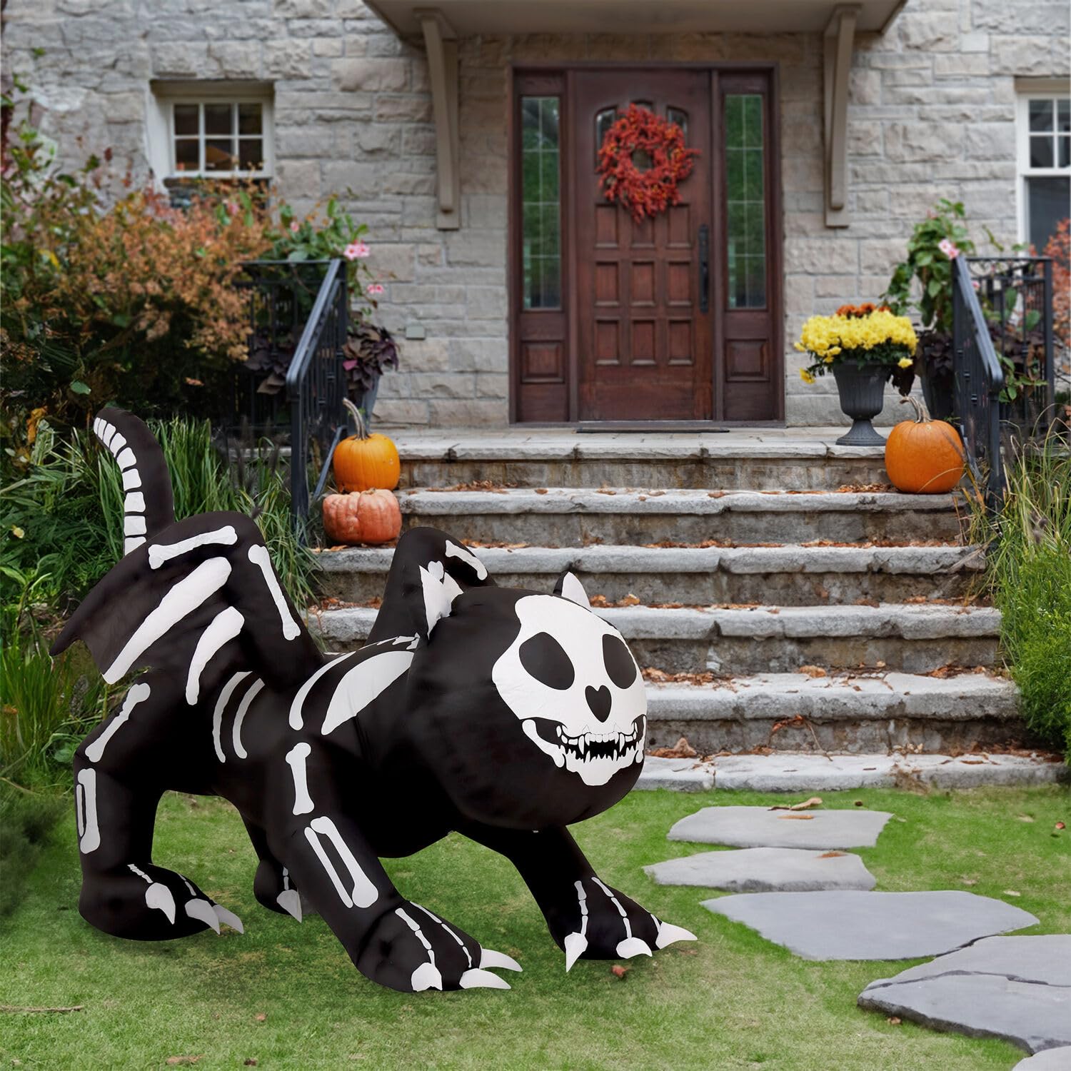 Haunted Hill Farm 5.9-Ft Wide Glowing Skeleton Cat Inflatable - Halloween Outdoor Decor with LED Lights for Yard, Patio & Garden - Spooky Giant Holiday Decoration for Halloween Parties & Trick-or-Treat Displays